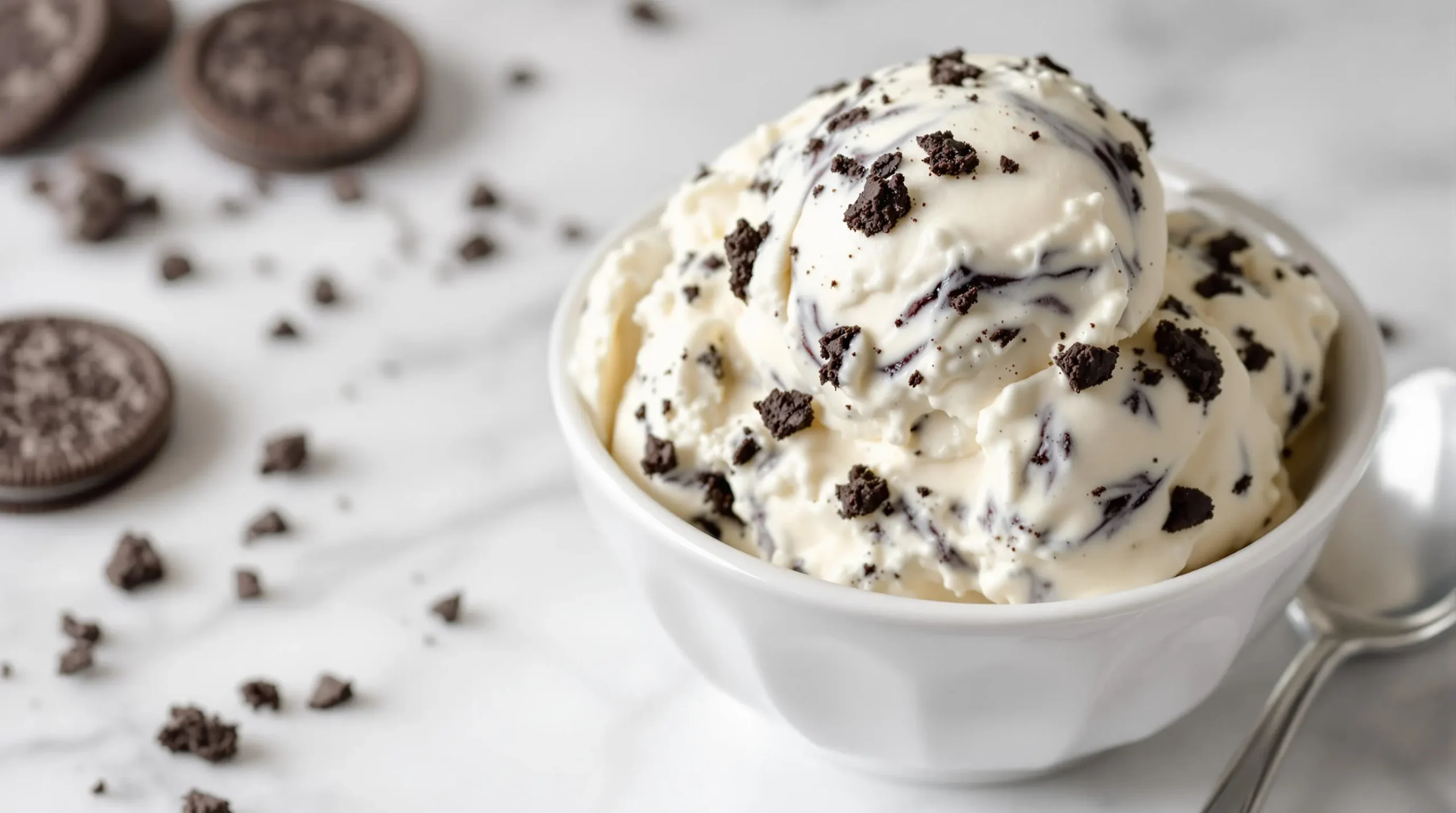 Creamy homemade Oreo ice cream with visible cookie pieces and dark chocolate swirls served in white ceramic bowl on marble surface