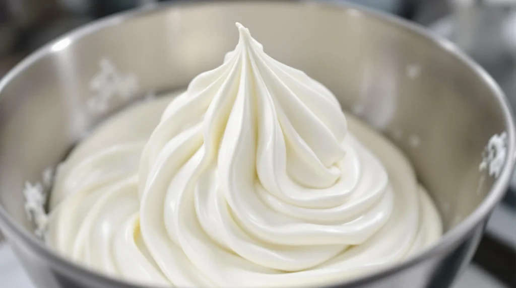 Heavy cream forming stiff peaks in stainless steel bowl, demonstrating proper whipping technique for no-churn Oreo ice cream base