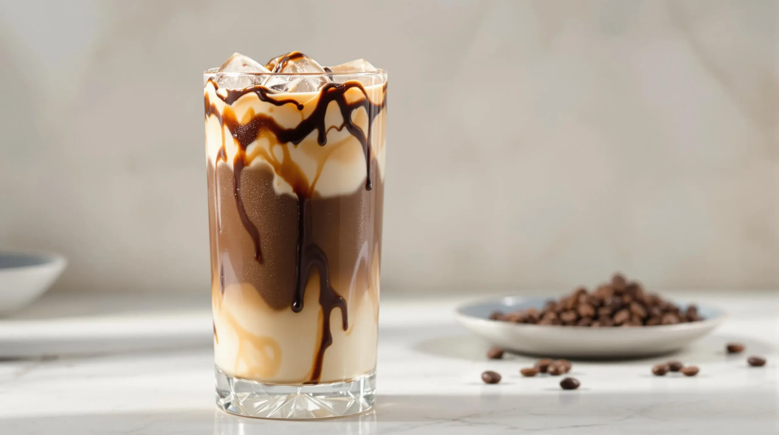 Layered iced mochaccino in tall glass showing dark coffee, chocolate, and cream swirls with chocolate drizzle against marble backdrop