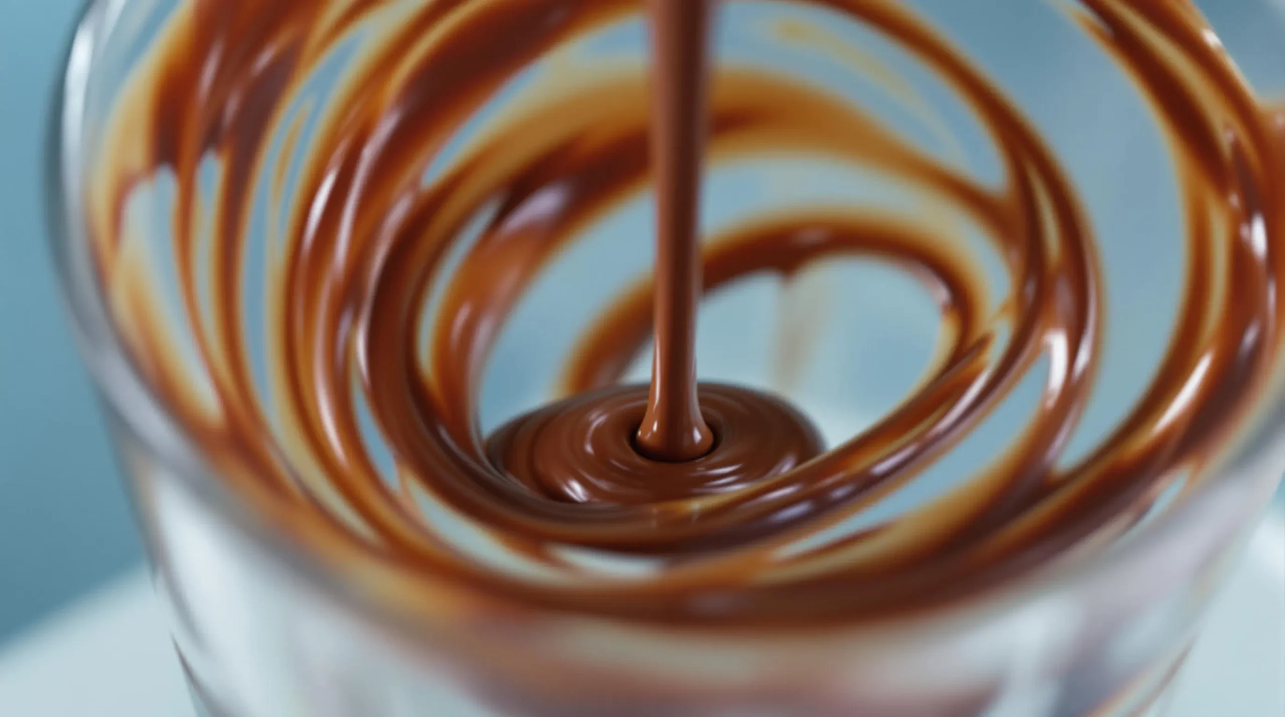 Rich chocolate syrup being drizzled in spiral pattern inside clear glass, creating artistic streaks against glass surface