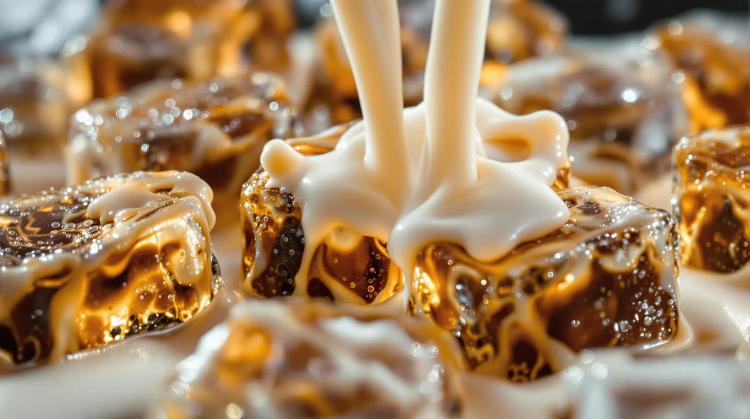 Coffee ice cubes being covered by swirling cold milk creating mesmerizing cream tendrils and micro bubbles