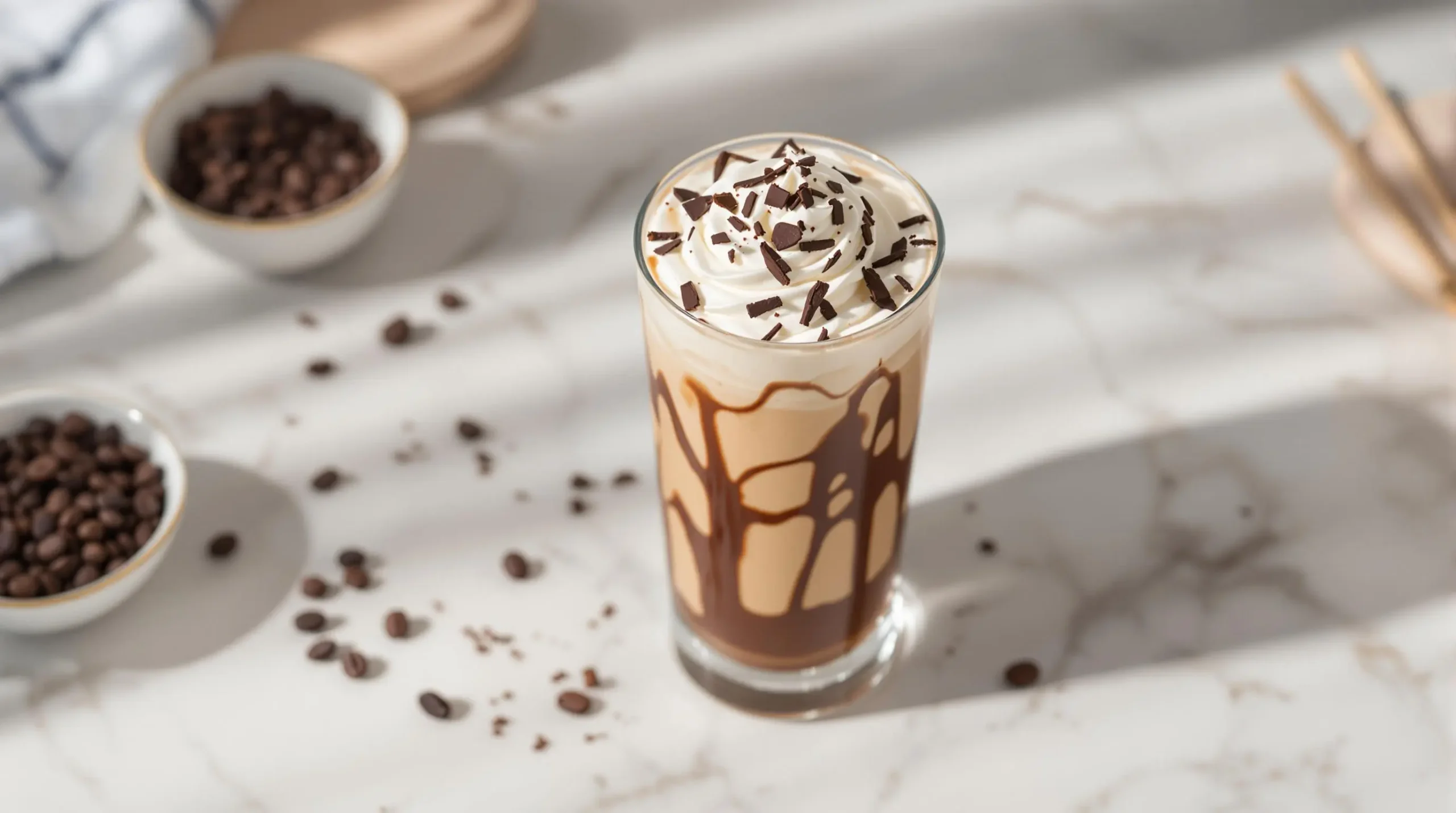 Overhead view of layered iced mochaccino with whipped cream, chocolate shavings, and artistic drizzle on marble surface