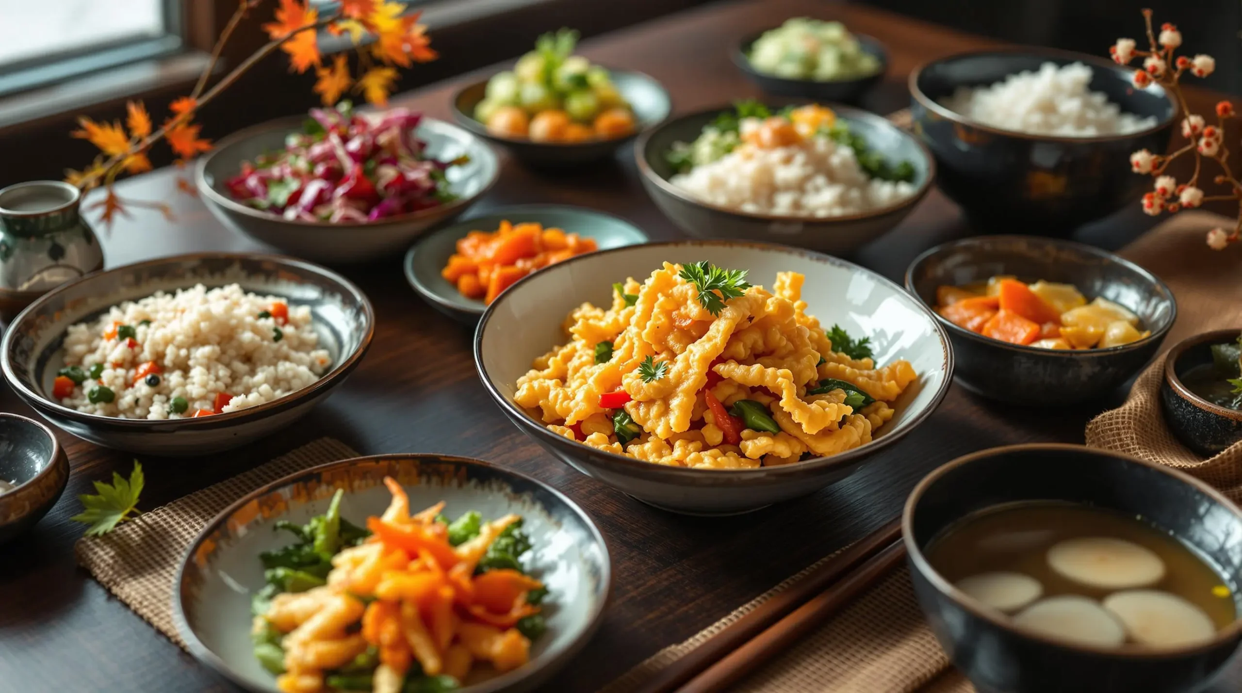 Traditional Japanese vegetarian spread with golden tempura, colorful pickled vegetables, and mushroom broth arranged on ceramic plates against dark wood