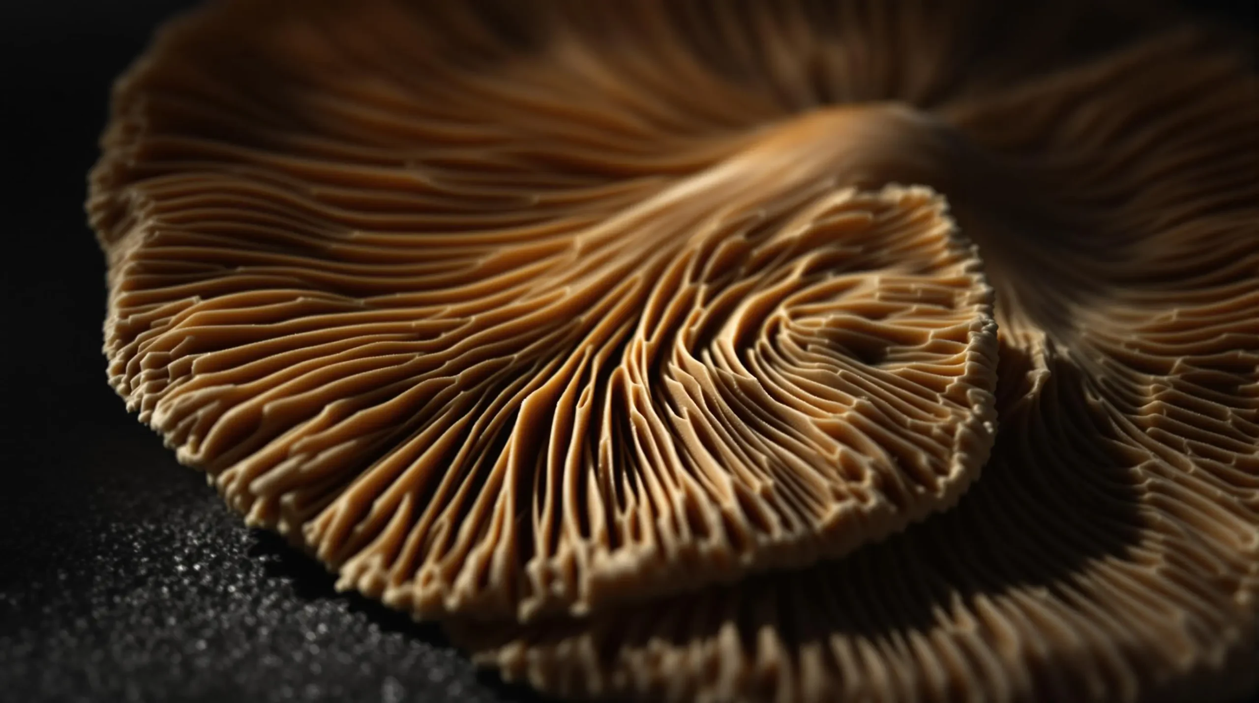 Dramatic macro view of shiitake mushroom gills showing intricate textures and patterns on black surface with directional lighting