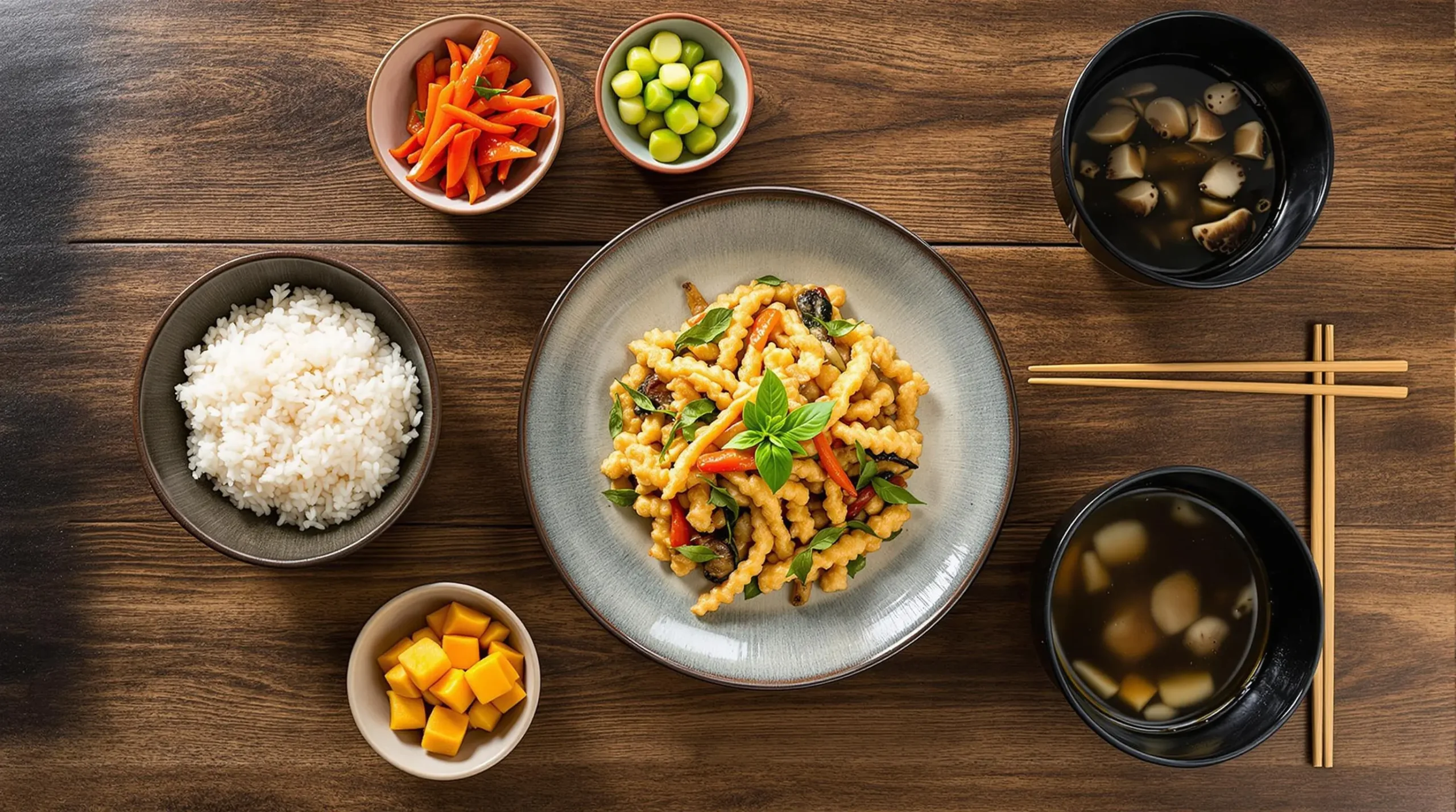 Shojin ryori meal with vegetable tempura, steamed rice, and sides arranged in traditional ichiju-sansai style on rustic wooden table