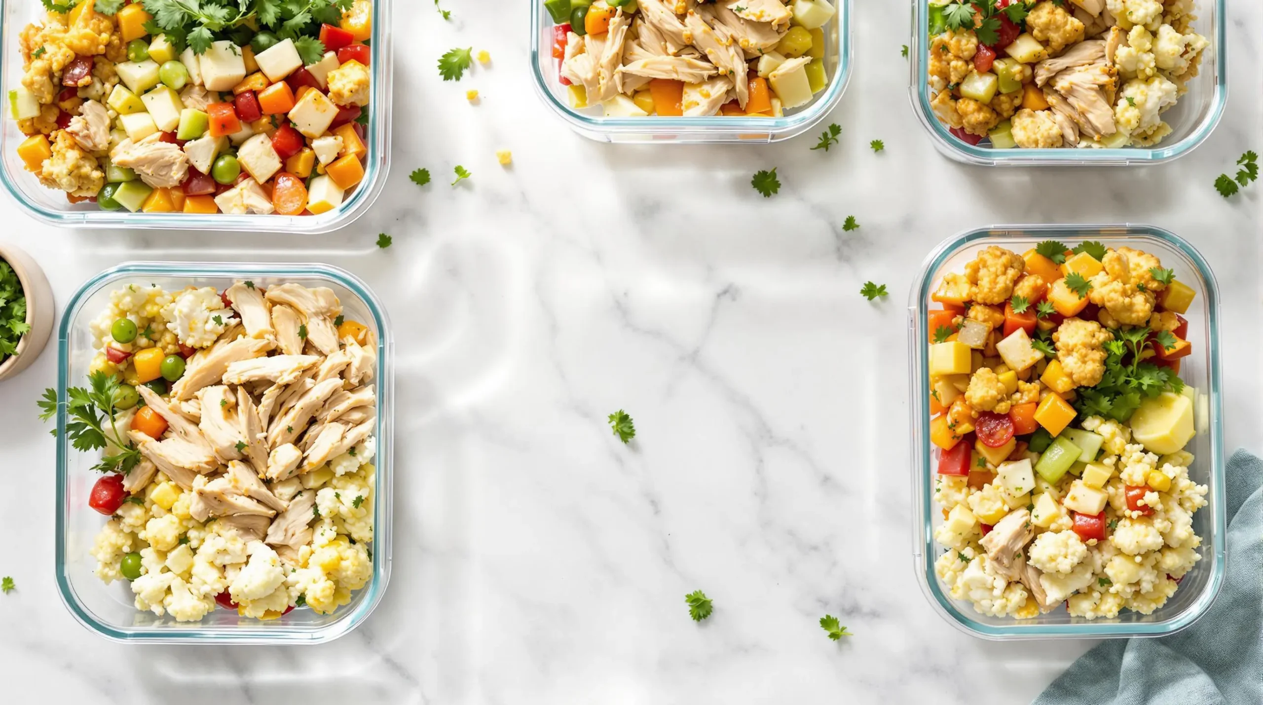 Keto meal prep spread with shredded rotisserie chicken, cauliflower rice, and colorful vegetables in glass containers on marble surface