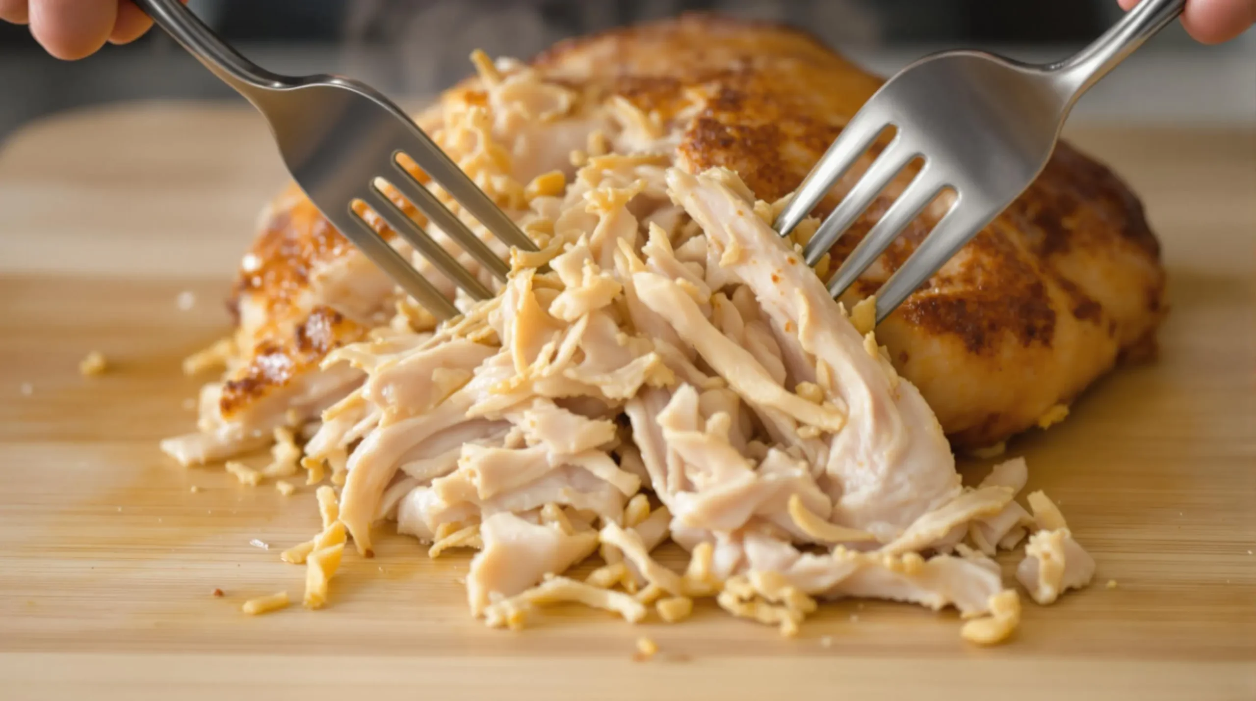 Hands shredding golden rotisserie chicken with two forks on wooden cutting board, showing tender meat texture and steam