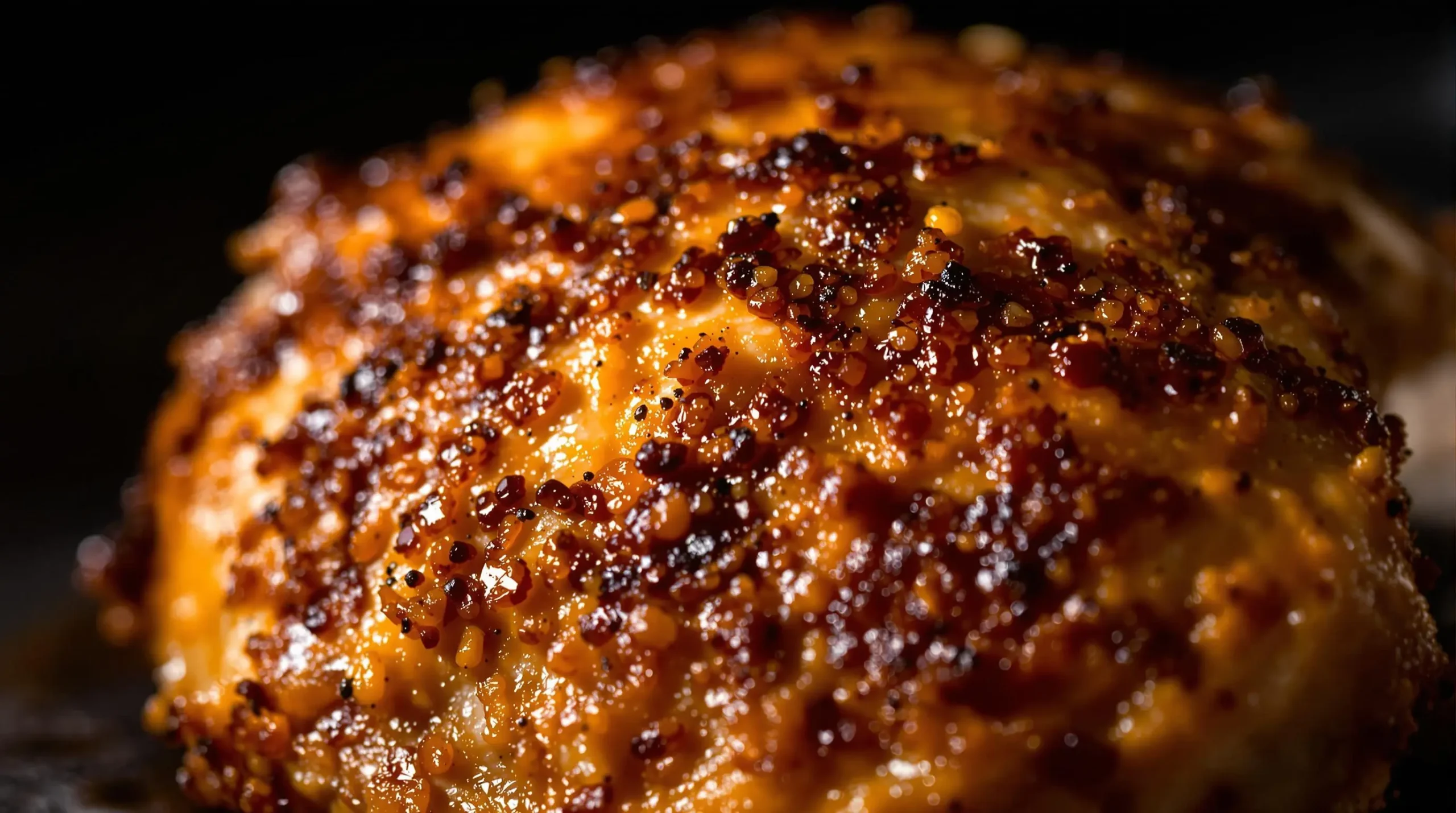 Extreme close-up of crispy rotisserie chicken skin showing caramelized texture, seasonings, and glistening oils