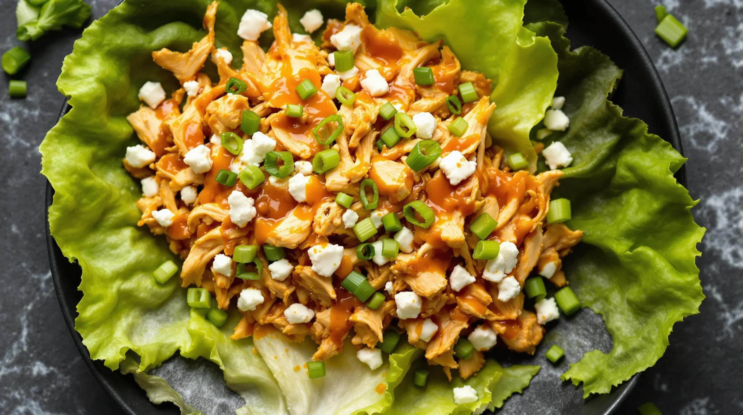 Buffalo chicken lettuce wrap topped with blue cheese, celery and green onions on black plate against dark stone surface