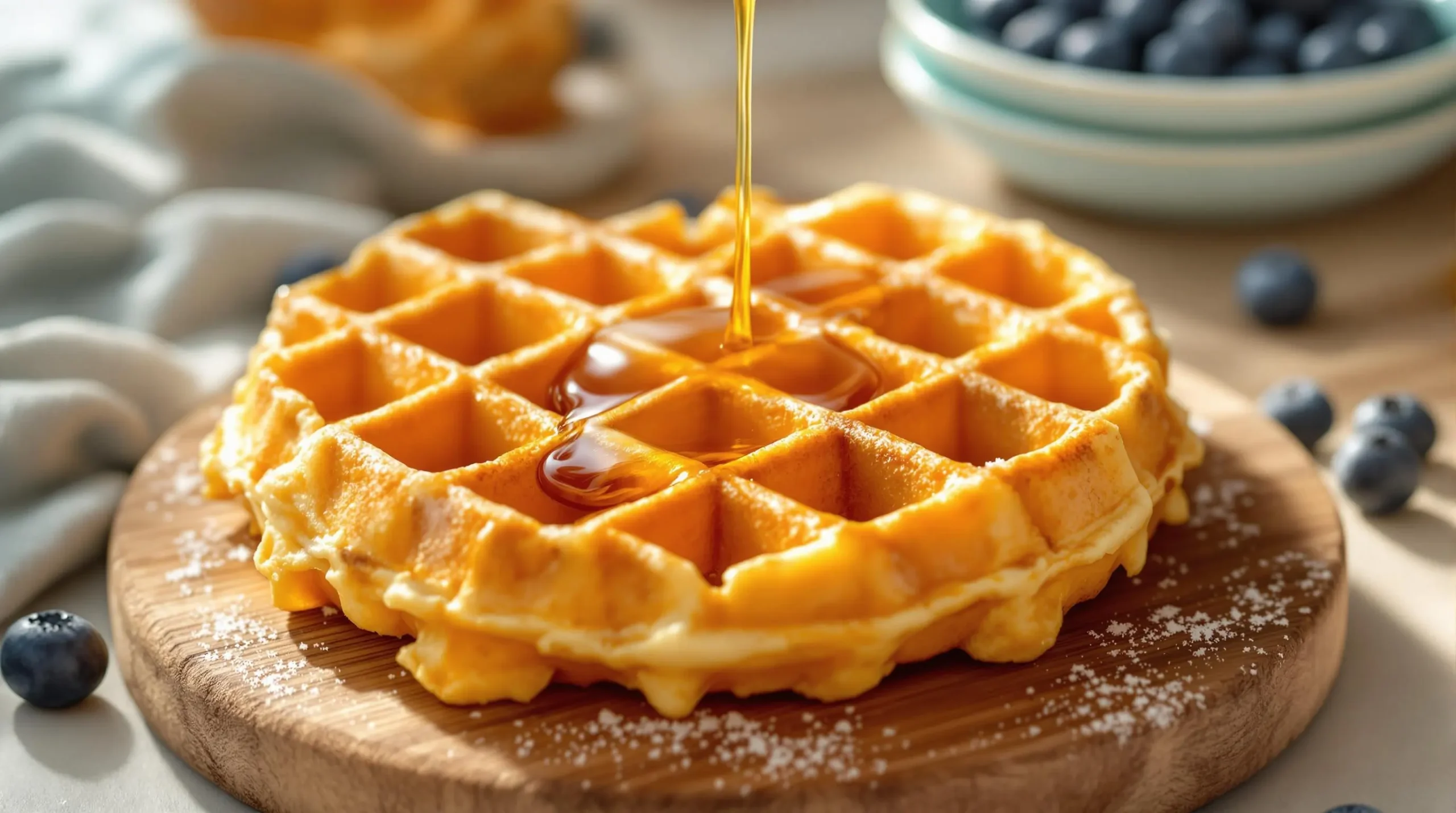 Golden-brown Kodiak protein waffle with maple syrup drizzle and scattered blueberries on rustic wooden board, showcasing deep grid pattern