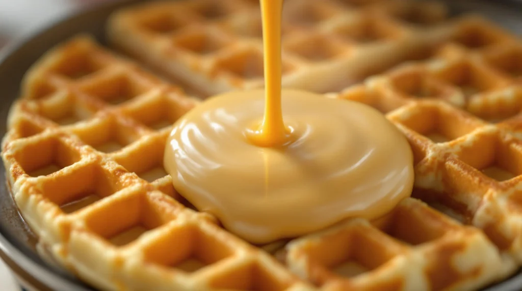 Thick Kodiak waffle batter flowing into heated waffle iron, creating perfect grid patterns with steam rising from the cooking surface