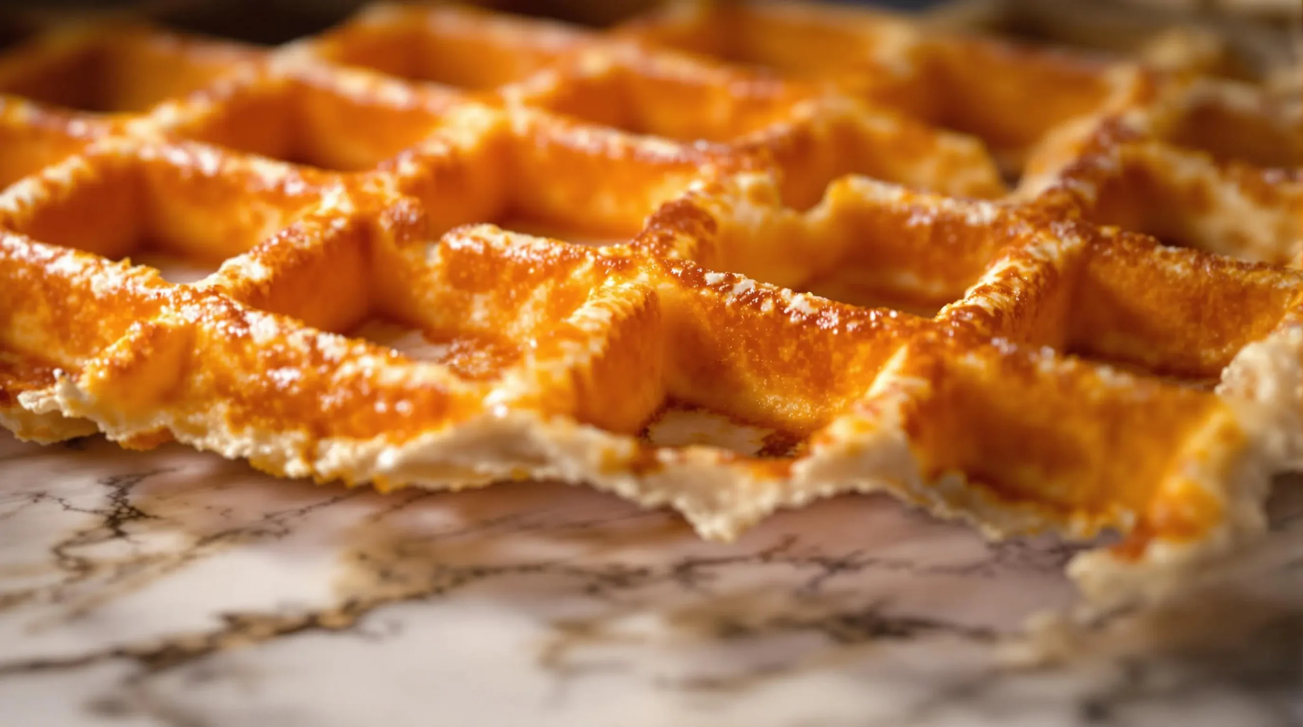 Extreme close-up of golden Kodiak waffle texture showing crispy exterior and fluffy interior pockets with dramatic side lighting