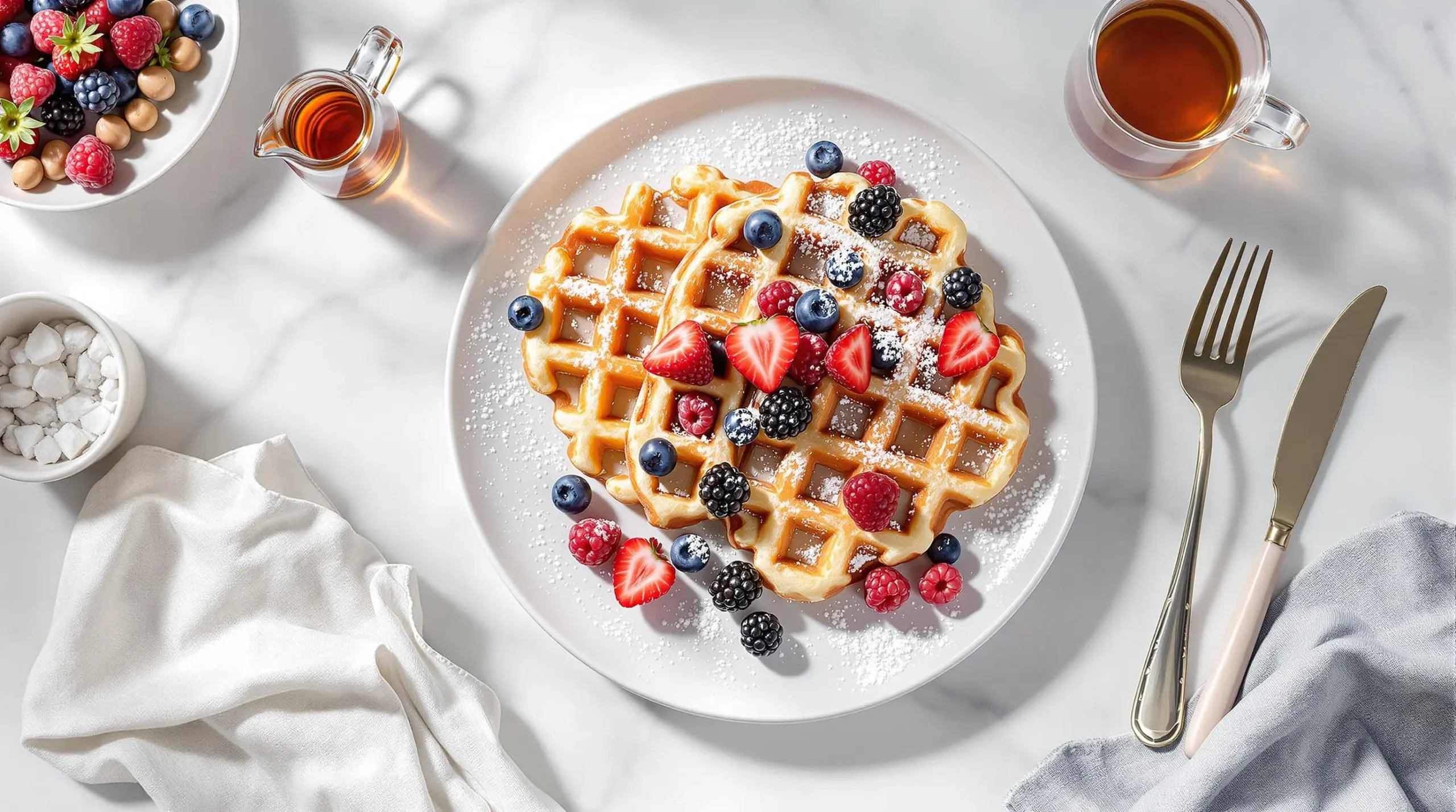 Two protein-packed Kodiak waffles topped with mixed berries and powdered sugar on white plate with maple syrup pitcher nearby