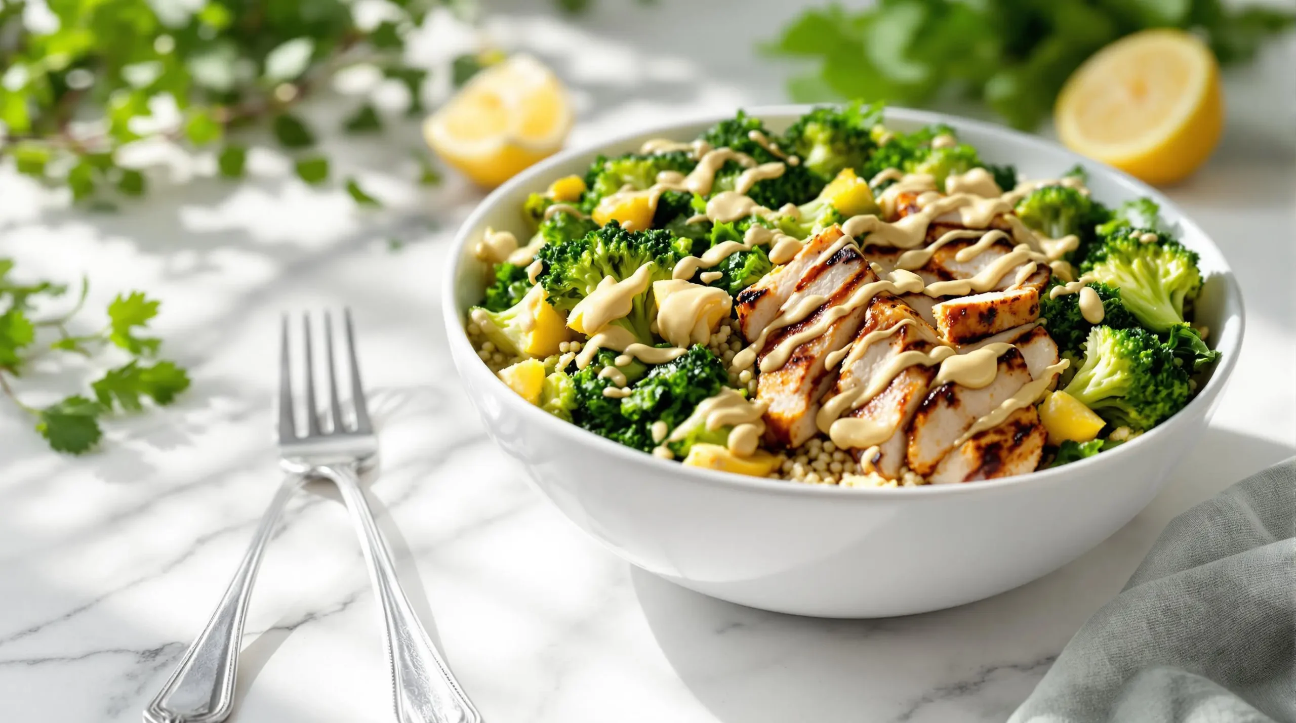 Vibrant green power bowl with quinoa, broccoli, Brussels sprouts, kale and grilled chicken, drizzled with tahini sauce on marble surface