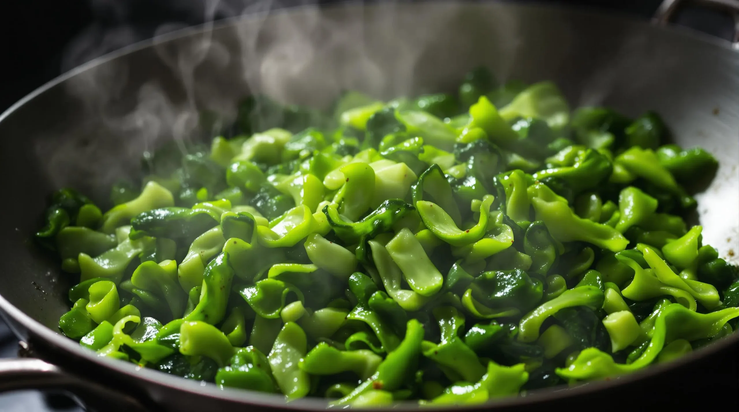 Fresh vegetables being stir-fried in a wok with dramatic steam rising, showing bright green colors and glossy oil coating