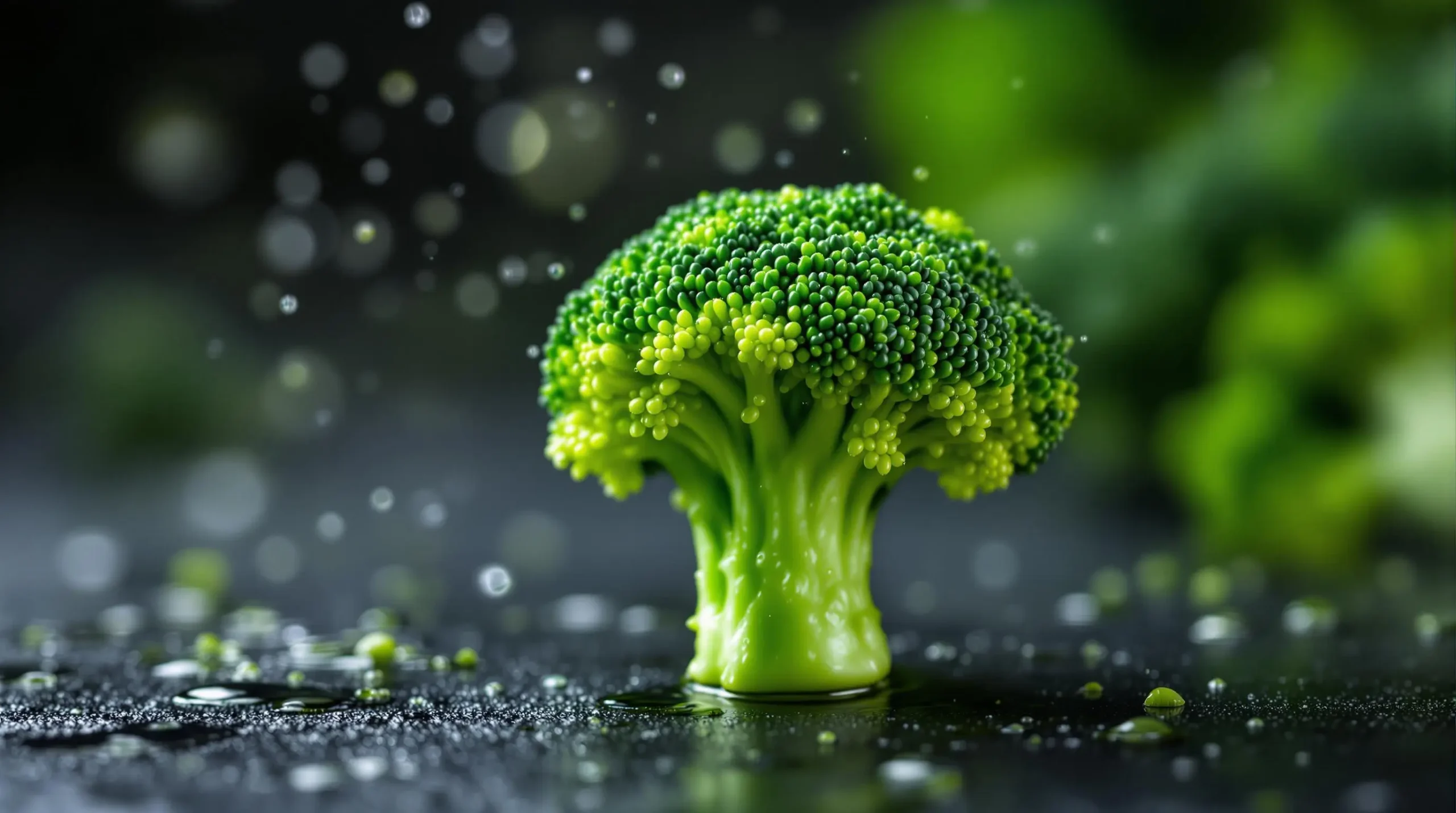 Macro view of steamed broccoli floret showing detailed texture, vibrant green color and glistening water droplets against dark background