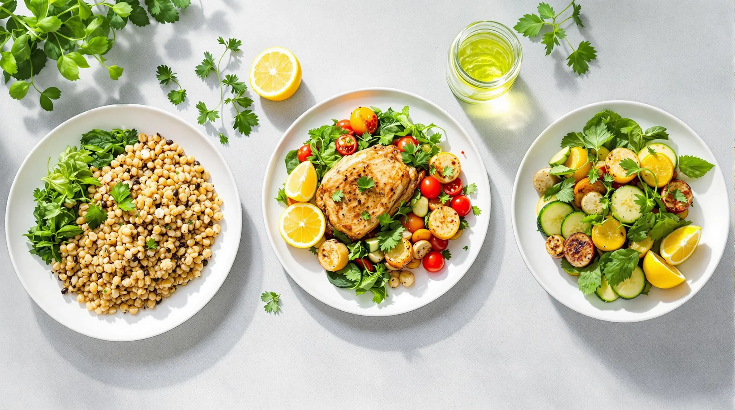 Overhead view of three lean and green meals: quinoa protein bowl, sheet pan chicken with vegetables, and layered mason jar salad on stone surface