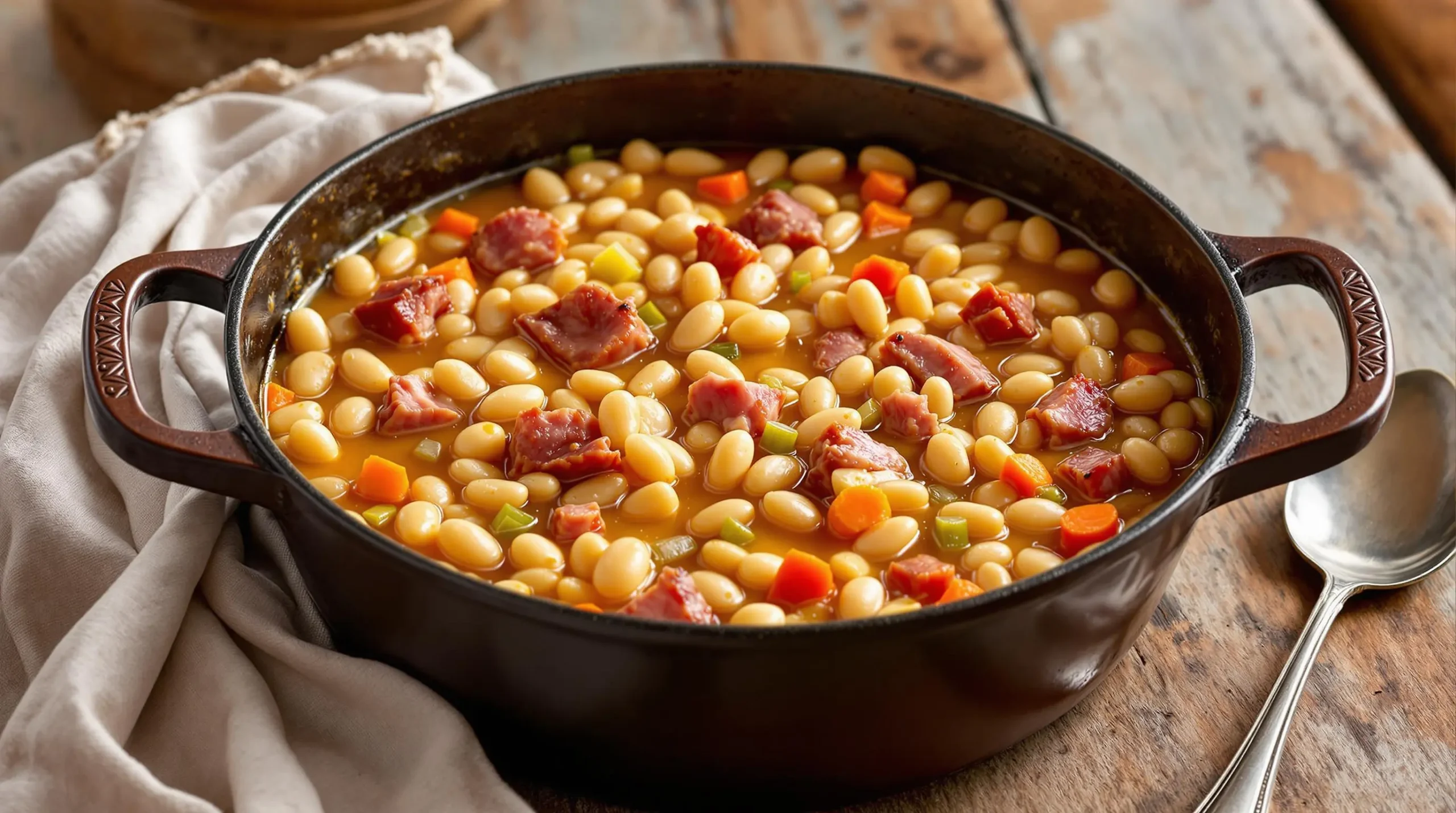 Creamy Southern lima beans with smoky ham chunks in cast iron Dutch oven, garnished with fresh herbs on rustic wooden table