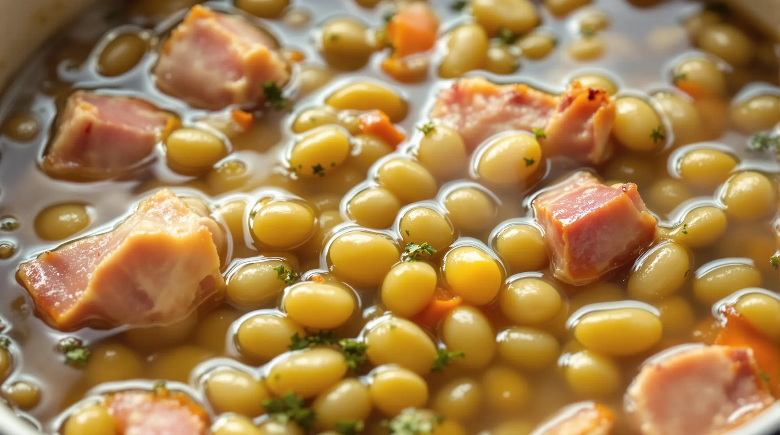 Lima beans and ham hock simmering in bubbling broth, steam rising from surface with aromatic vegetables visible