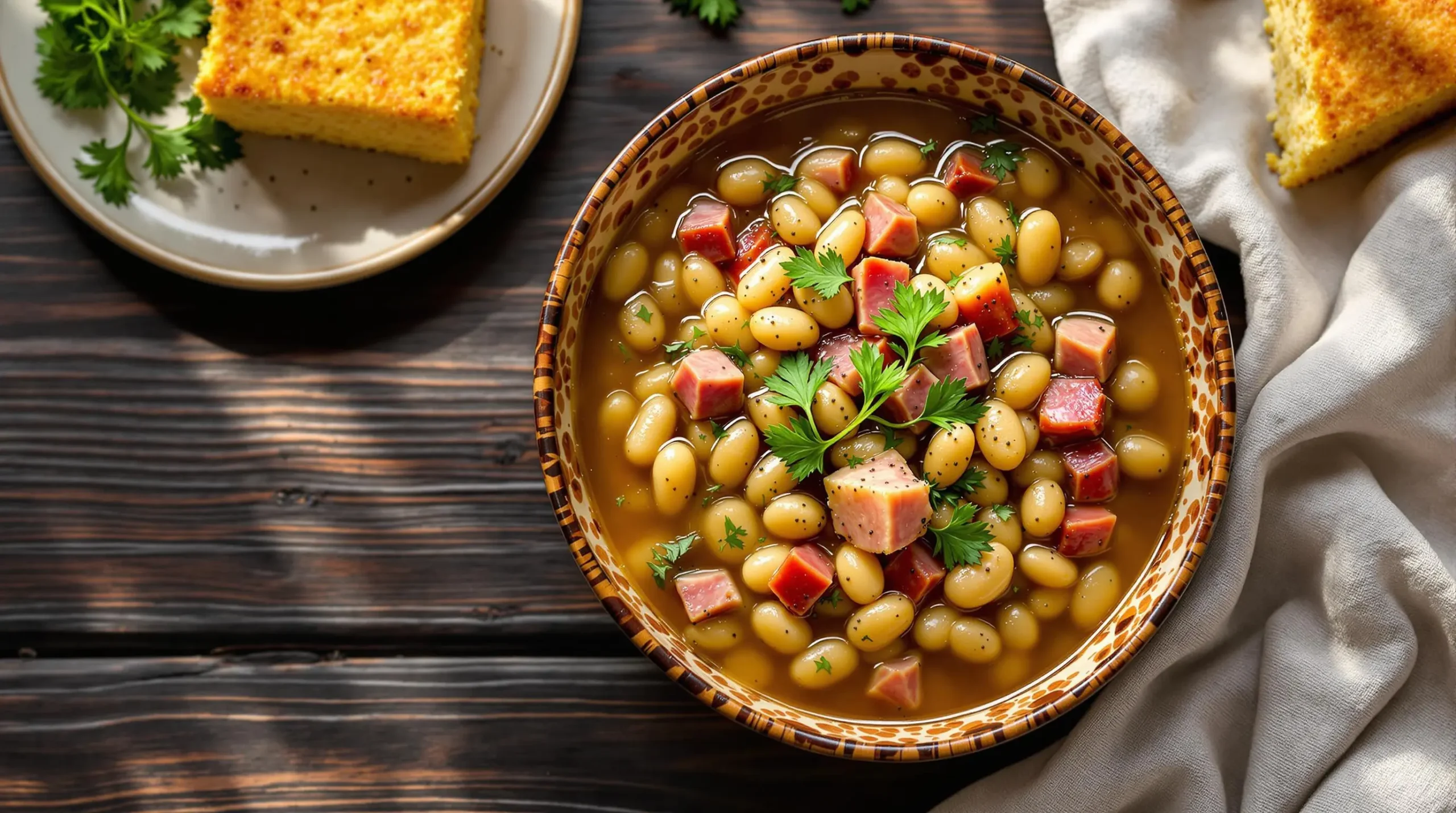 Bowl of Southern lima beans and ham with cornbread, garnished with parsley and pepper on dark wooden surface