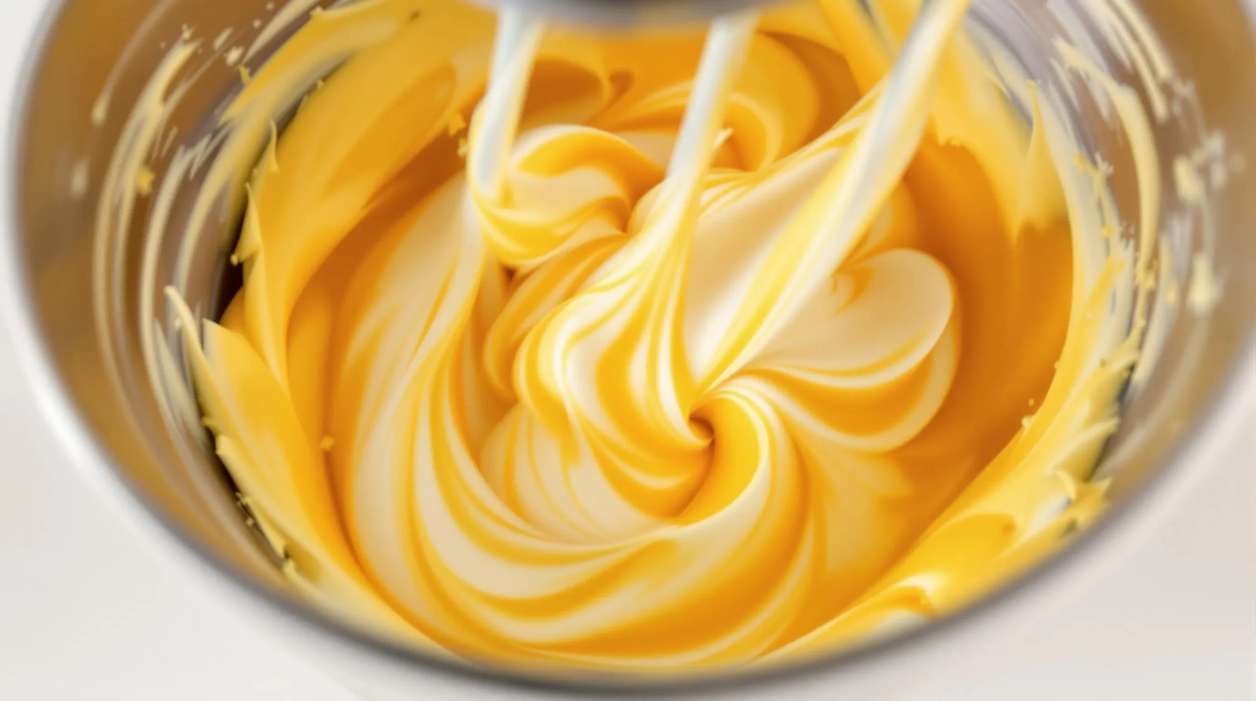 Whipped cream being folded into golden mango puree creating swirled patterns in stainless steel bowl