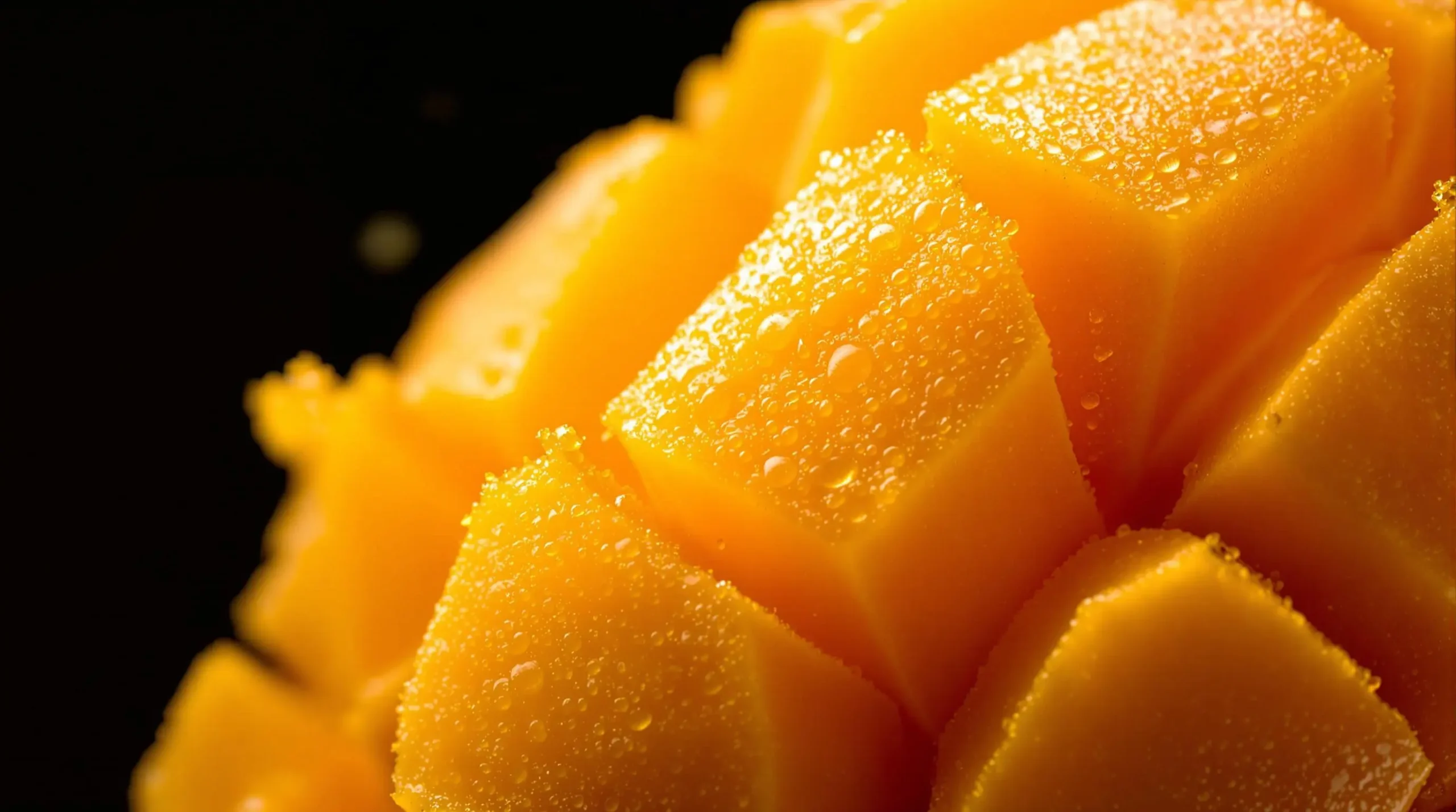 Extreme close-up of ripe mango flesh showing intricate fibers and juicy texture with water droplets on dark background