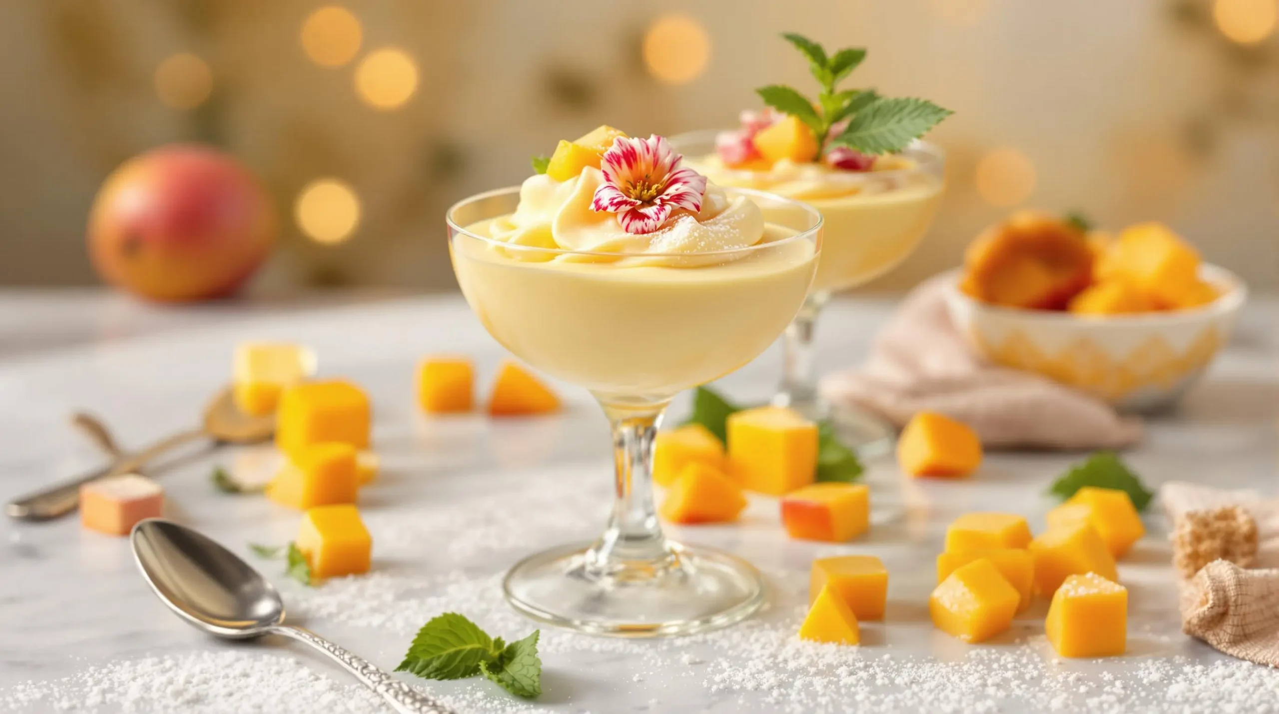 Mango mousse dessert in glass coupe garnished with mango rose and mint, served with vintage spoon on marble surface