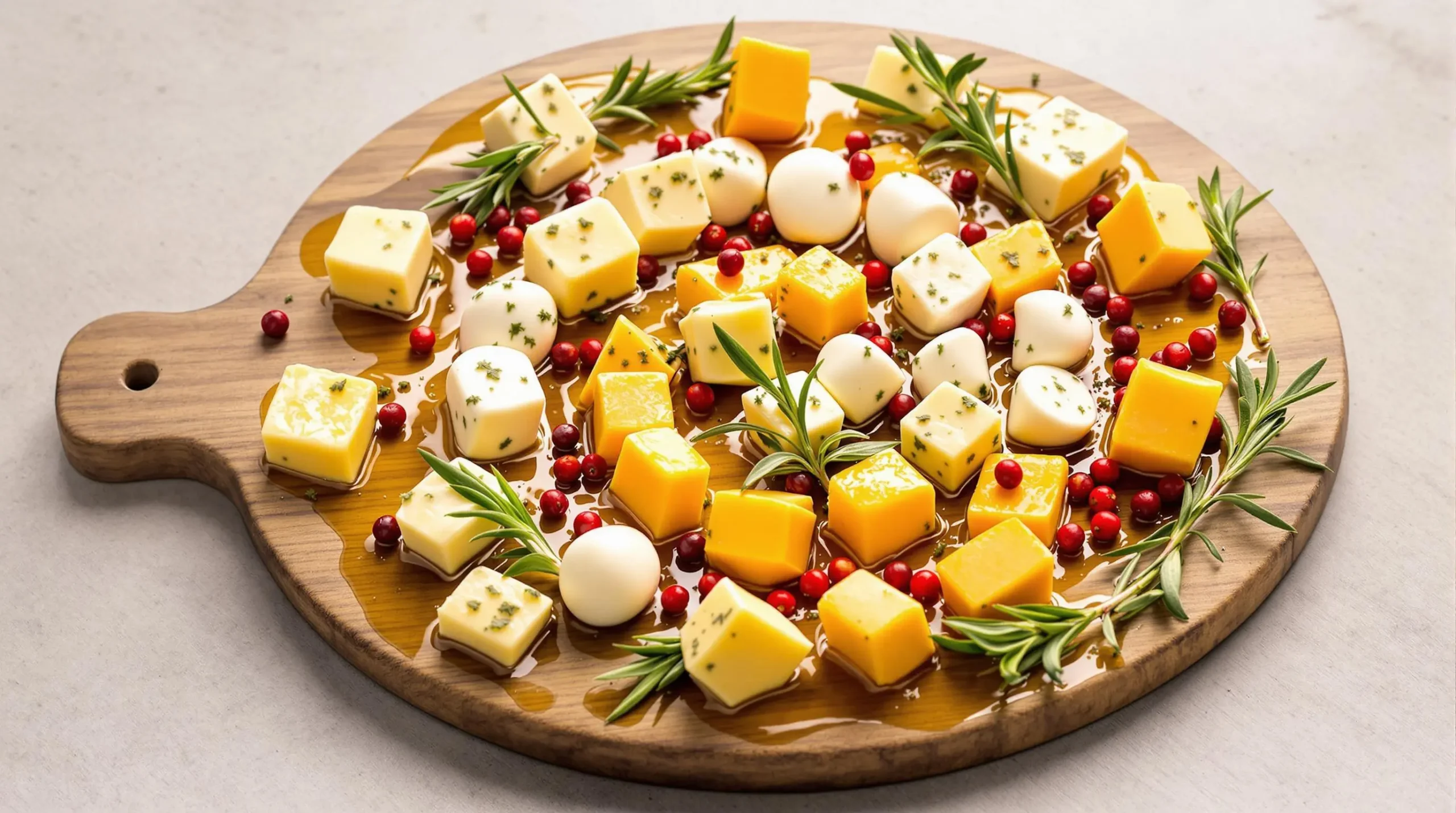 Marinated cheese cubes arranged in spiral pattern on rustic wood board with fresh rosemary and red peppercorns, glistening with herb-infused oil