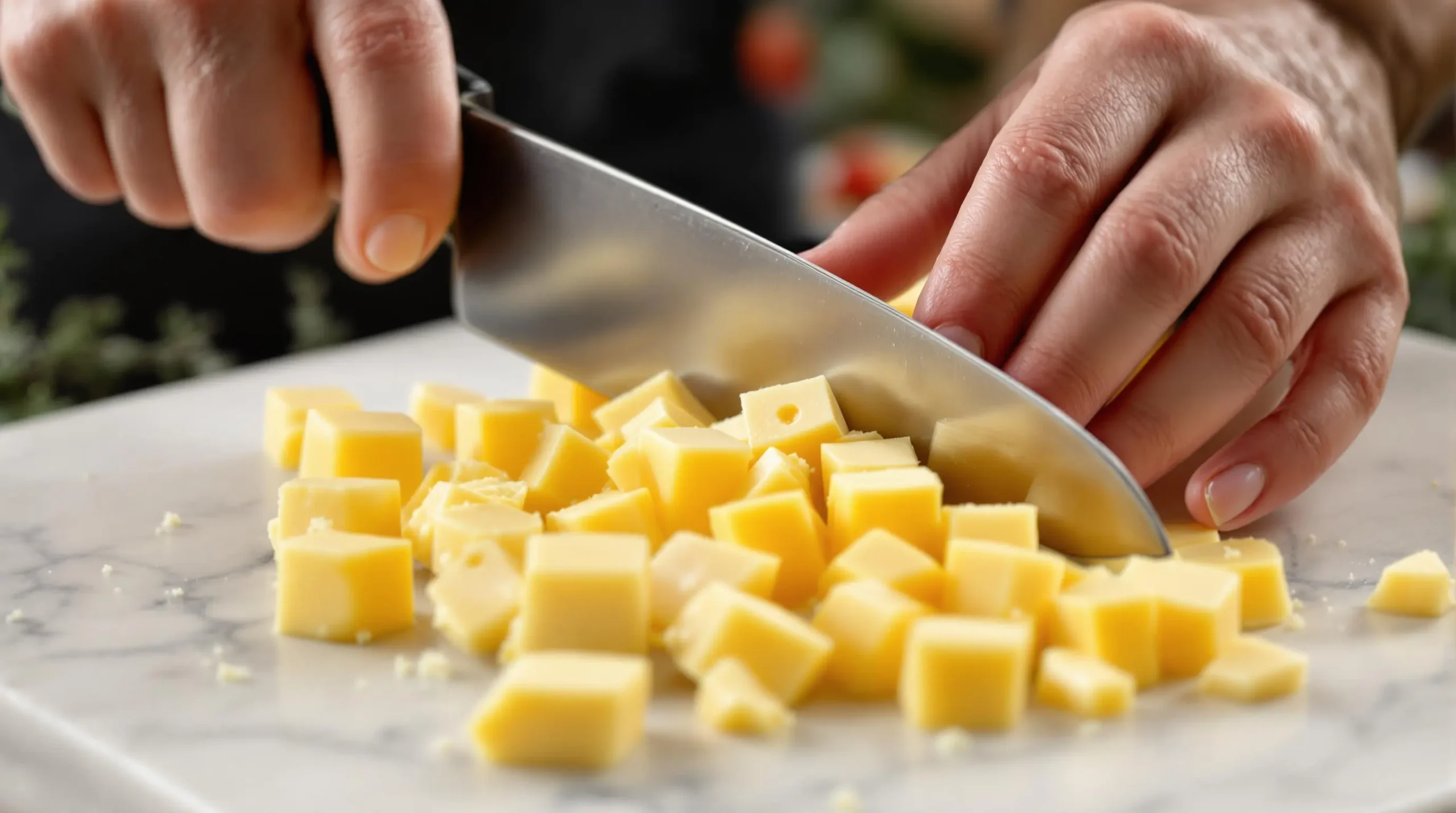 Hands cutting cheese into uniform cubes on marble board with chef's knife, showing precise technique for marinated cheese preparation