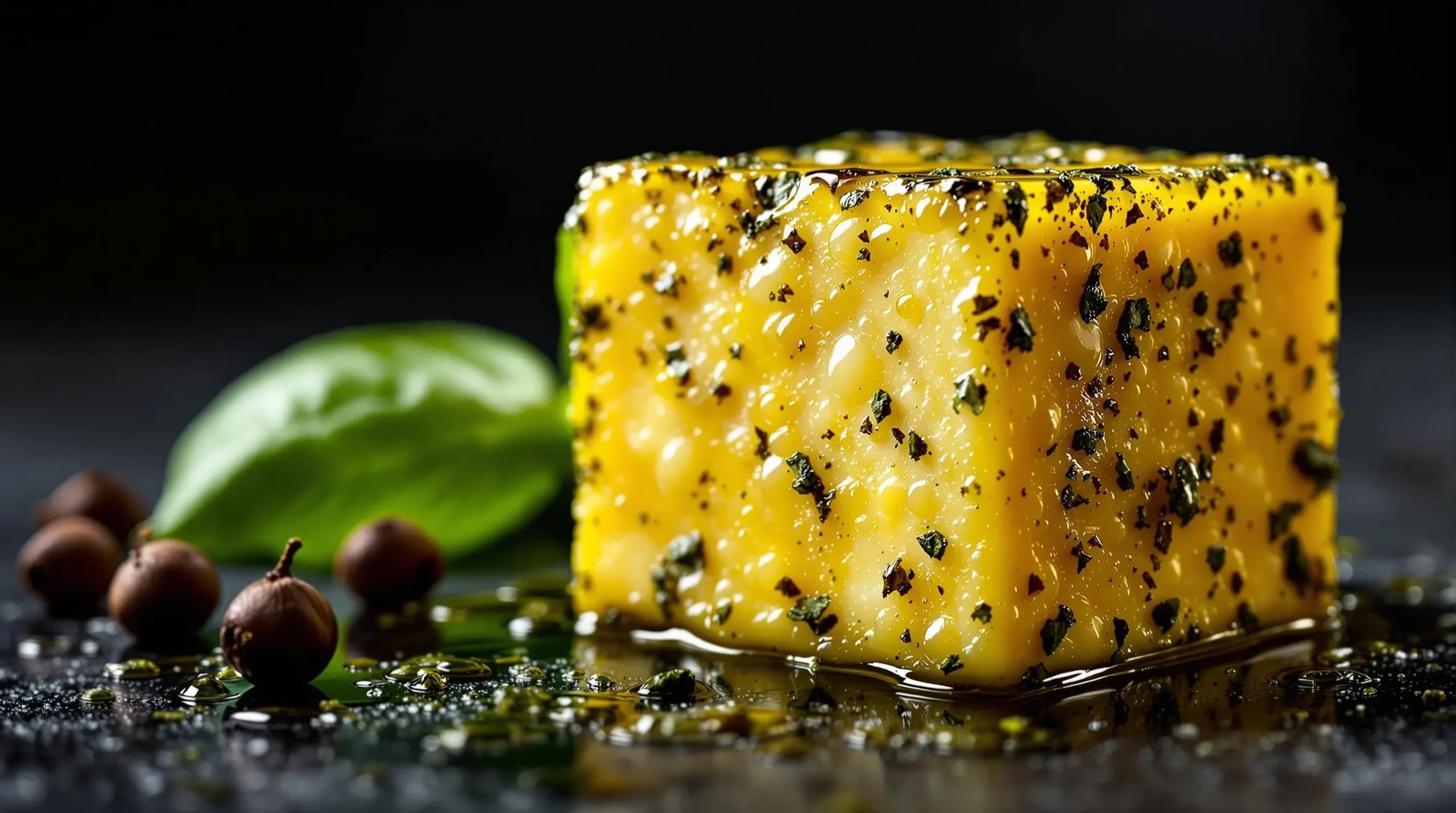 Extreme close-up of marinated cheese cube showing herb-infused oil texture, basil leaf and peppercorns with moody lighting