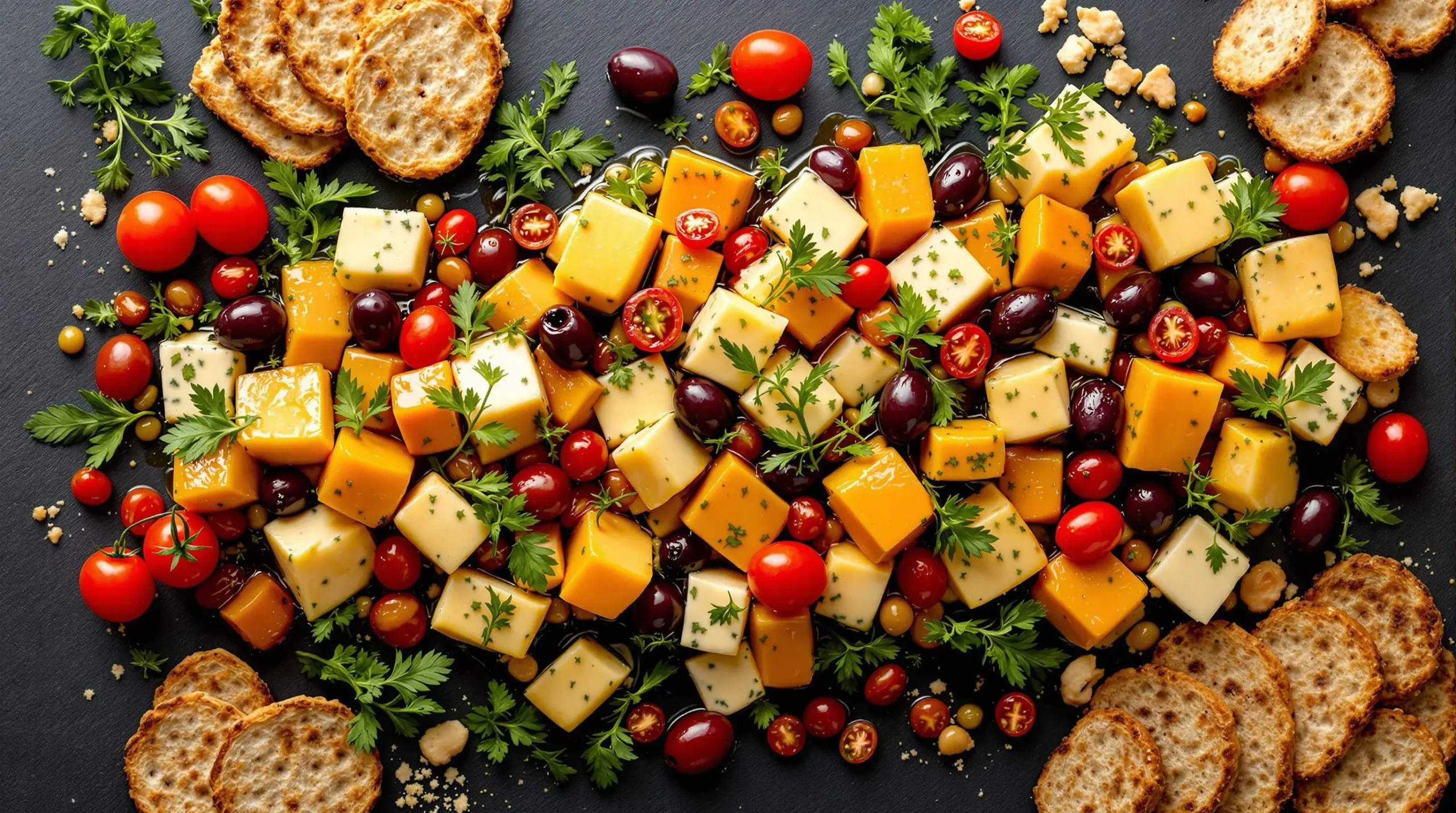 Overhead view of marinated cheese appetizer display with multicolored cheese cubes, herbs, tomatoes and crusty bread on dark slate