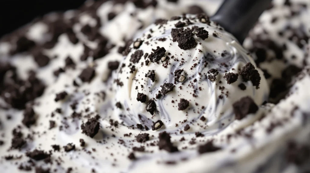 Close-up of crushed Oreo cookies being folded into vanilla ice cream base, showing marbled contrast between dark crumbs and white cream