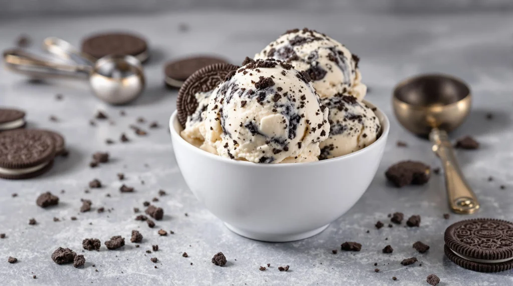 Three scoops of marbled Oreo ice cream garnished with cookie pieces in white bowl, styled with vintage scoop on grey stone surface