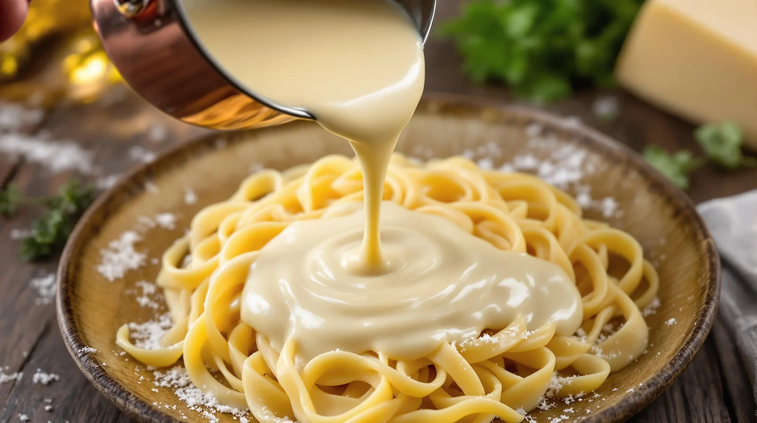 Creamy parmesan sauce cascading onto fettuccine pasta on rustic ceramic plate, highlighting silky texture and rich consistency