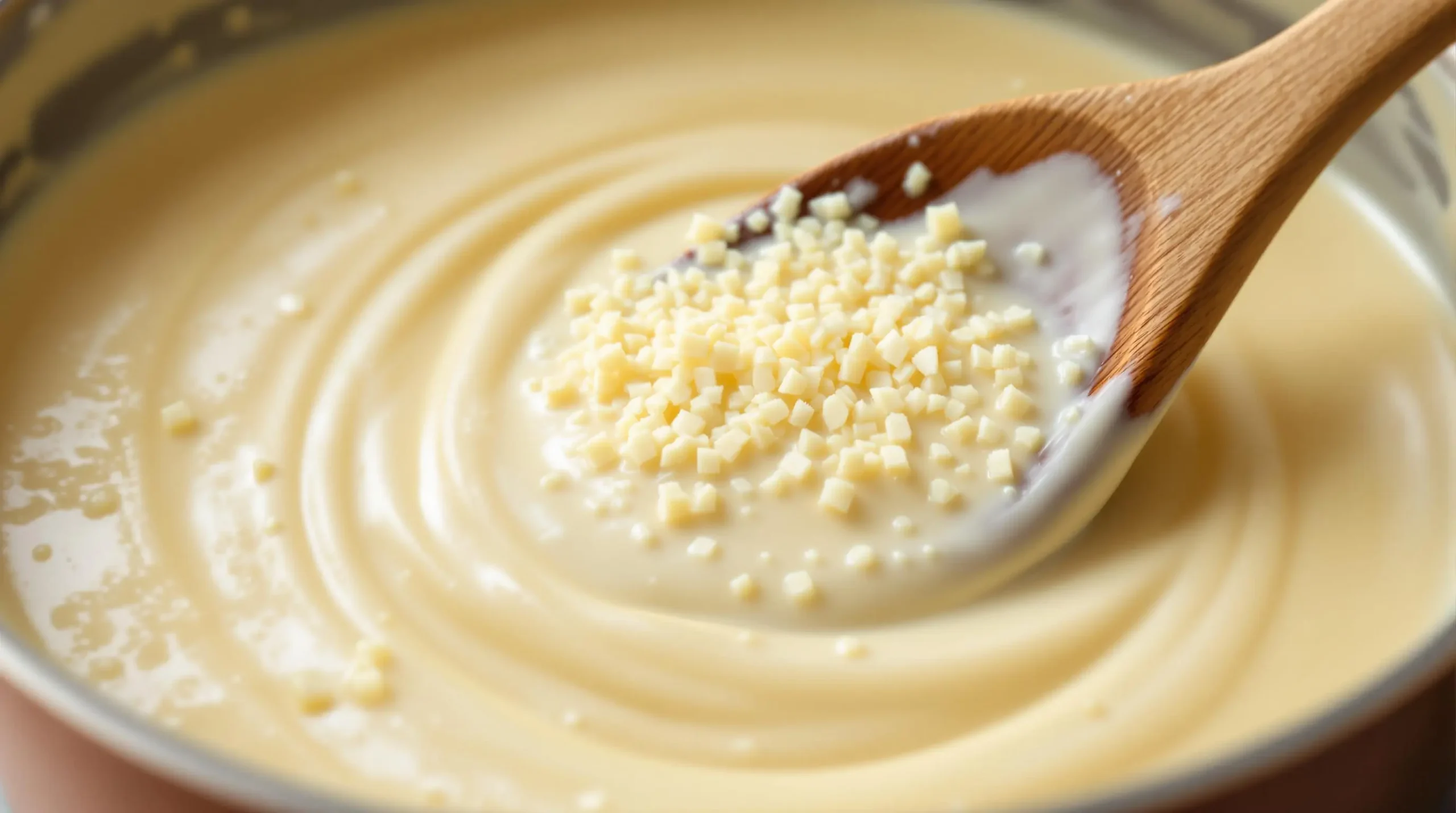 Wooden spoon incorporating freshly grated parmesan into velvety sauce in copper pan, showing swirling motion and melting cheese