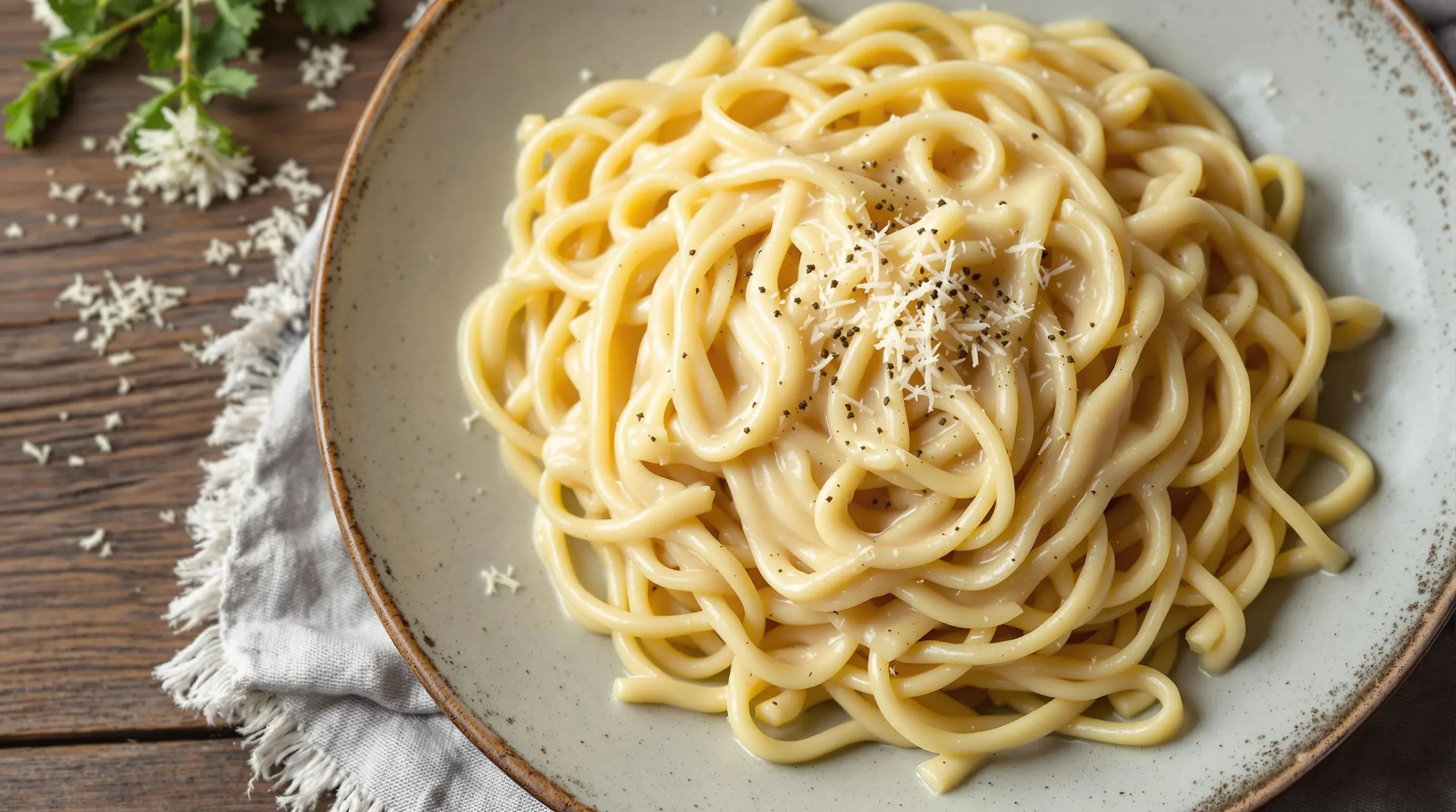 Al dente fettuccine coated in glossy parmesan sauce with fresh cracked pepper and micro-planed cheese garnish on ceramic plate