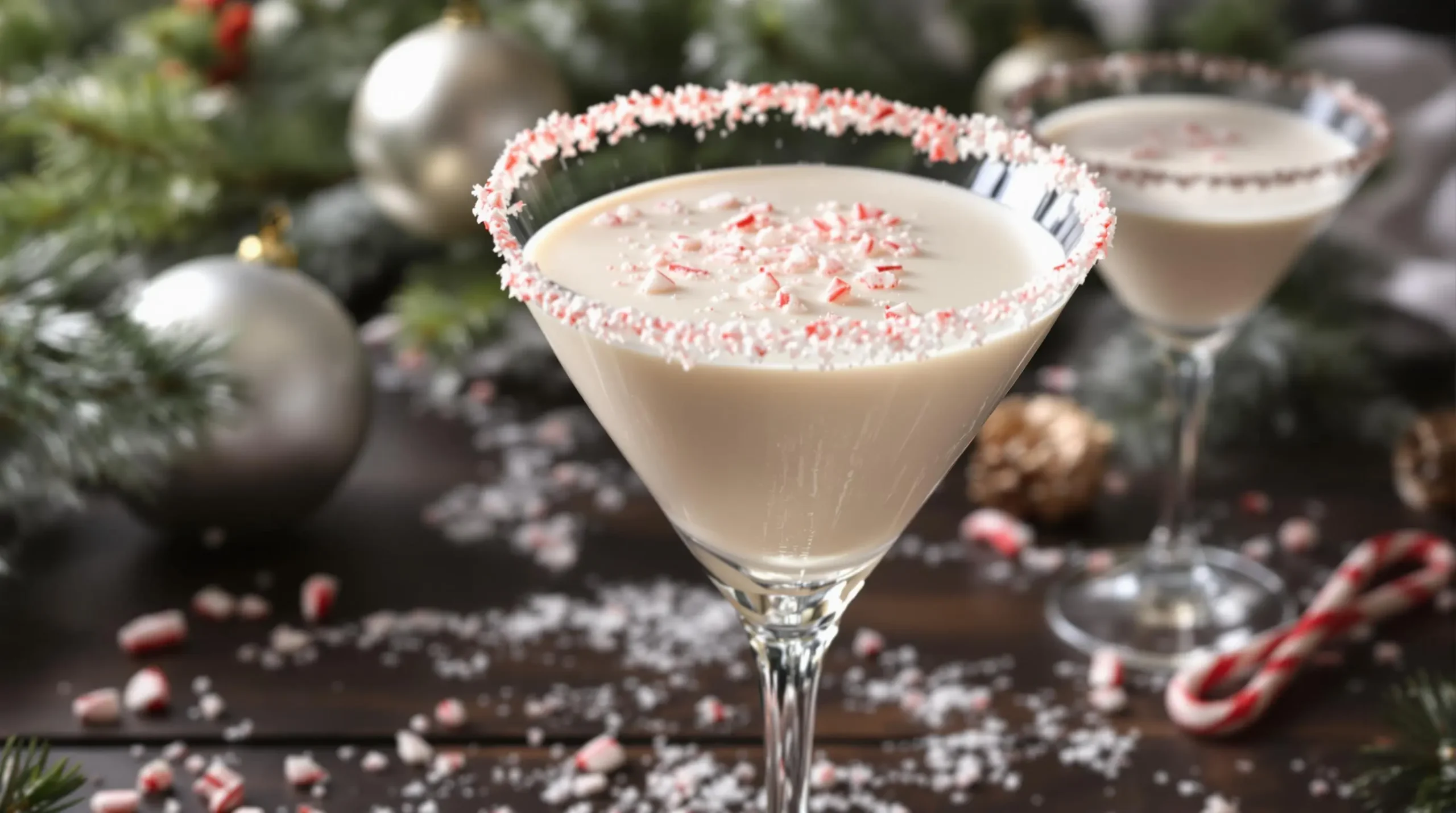 Peppermint RumChata martini in crystal glass with crushed candy cane rim, garnished with pine sprigs and silver ornaments on dark wood