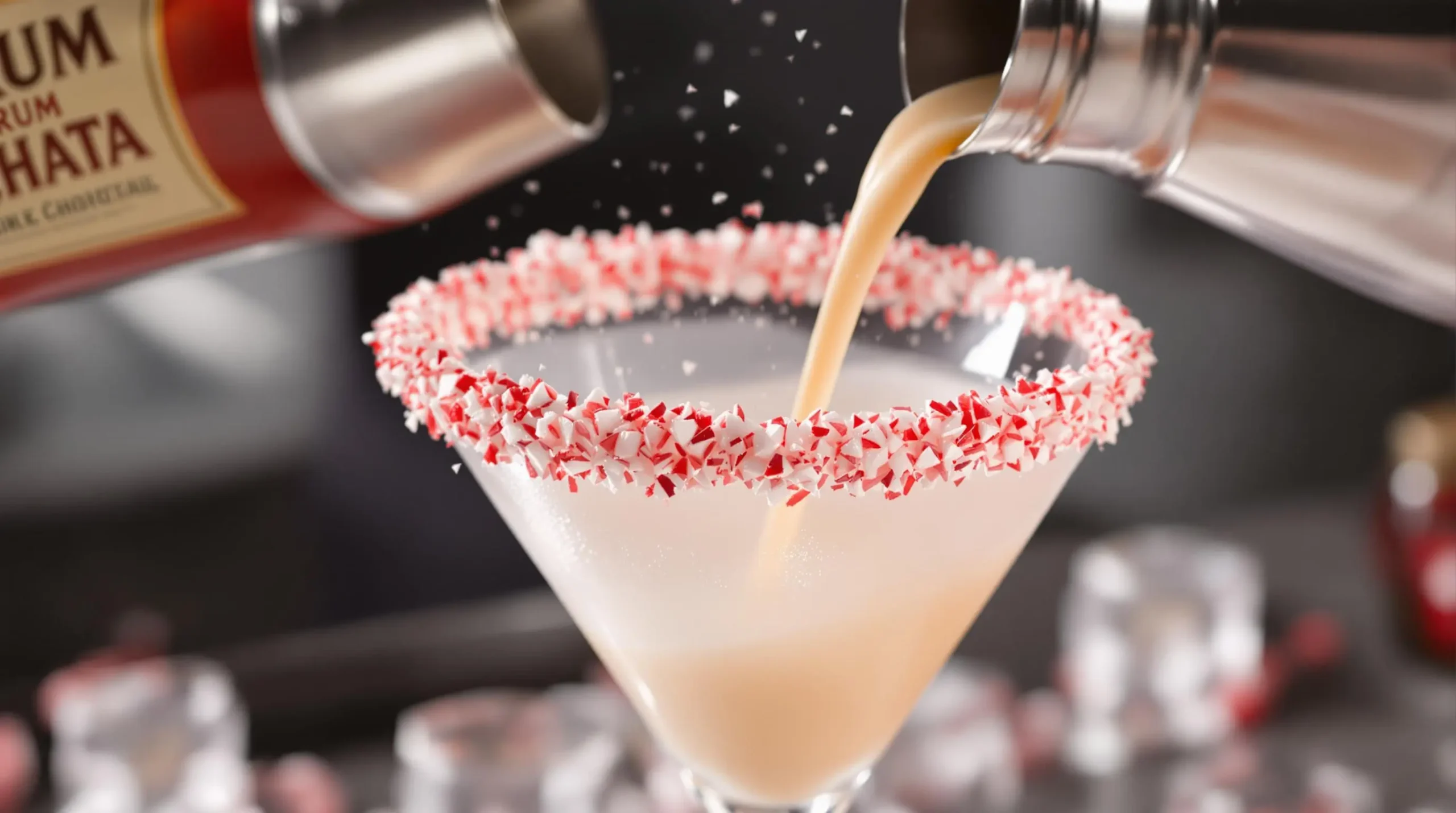 Rimming martini glass with crushed candy canes while pouring creamy RumChata from cocktail shaker, showing cocktail-making technique