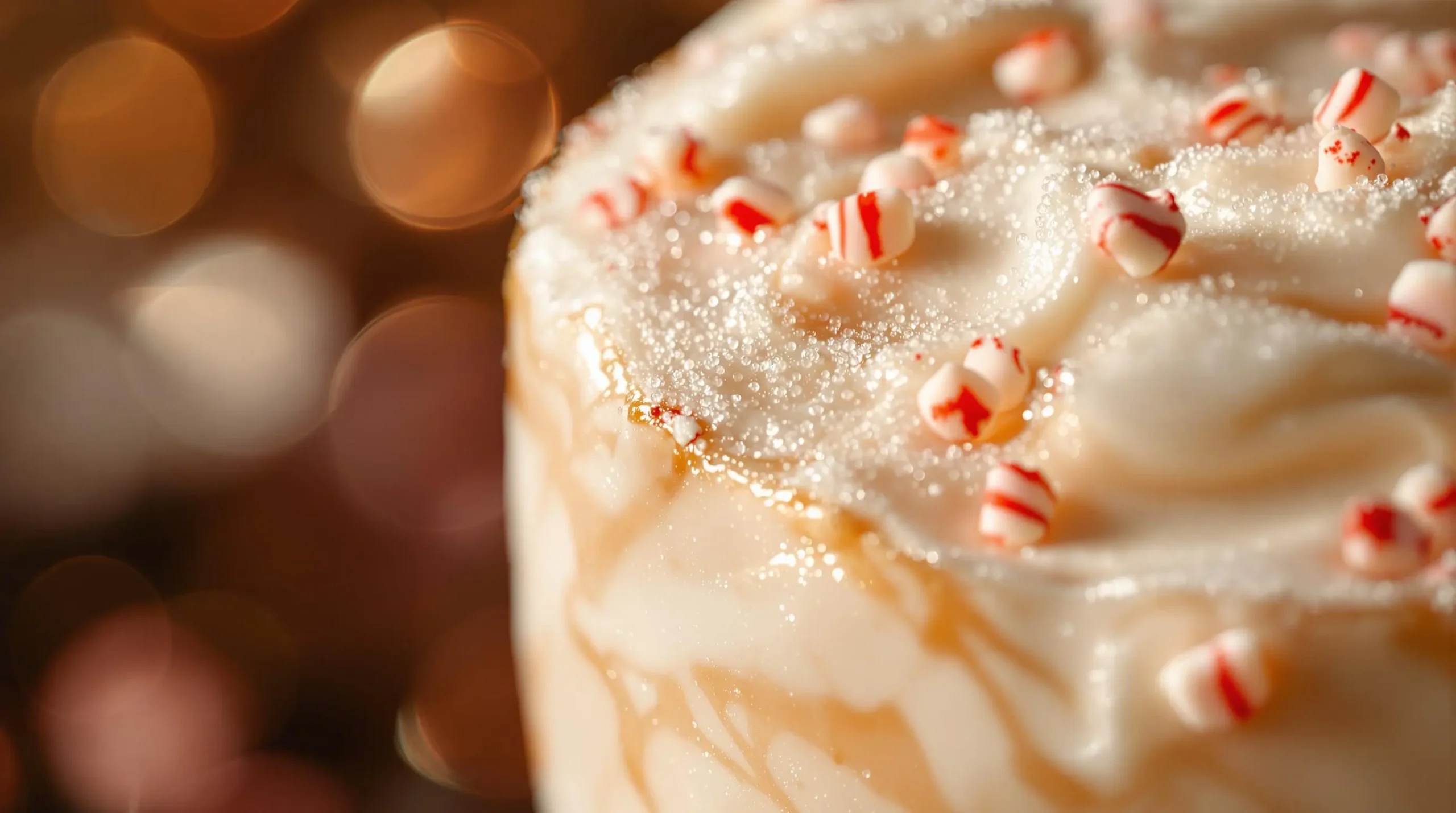 Macro view of creamy RumChata cocktail surface showing marbled peppermint swirls and tiny bubbles with dramatic side lighting