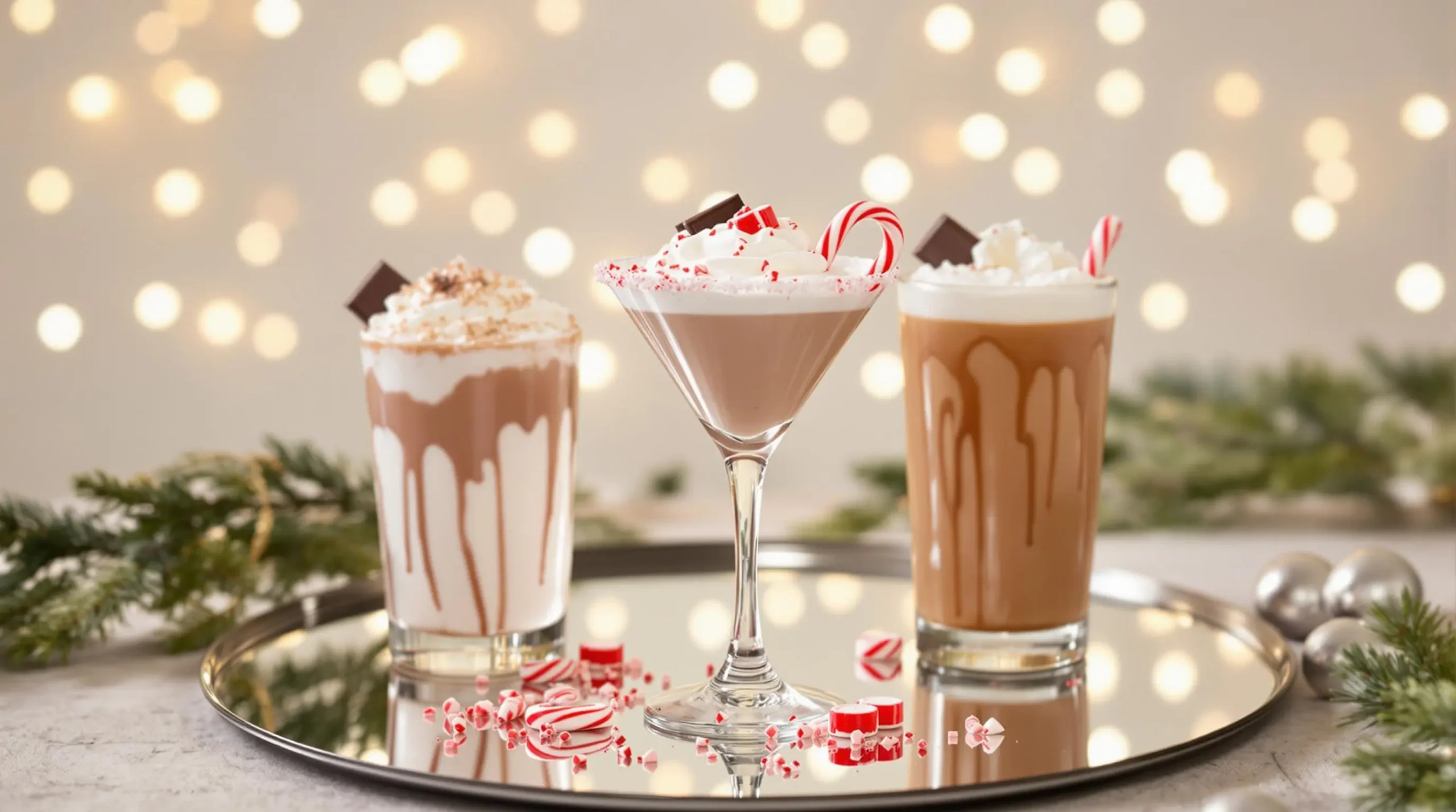 Three festive Peppermint RumChata variations - martini, hot chocolate, and iced coffee - on mirrored surface with holiday decorations