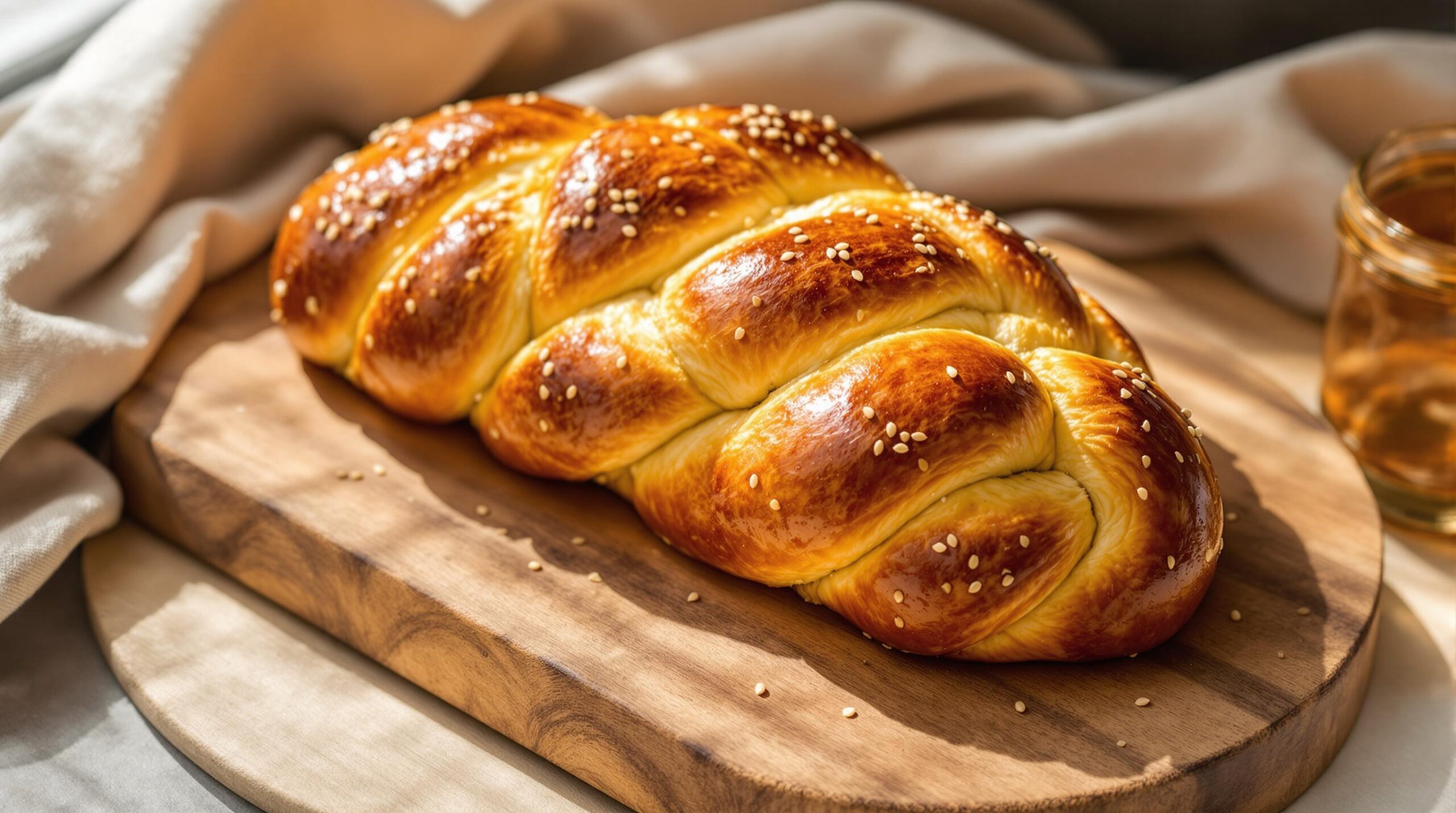 Golden-brown braided gluten-free challah bread with sesame seeds on wooden board, showing intricate braiding pattern and glossy surface