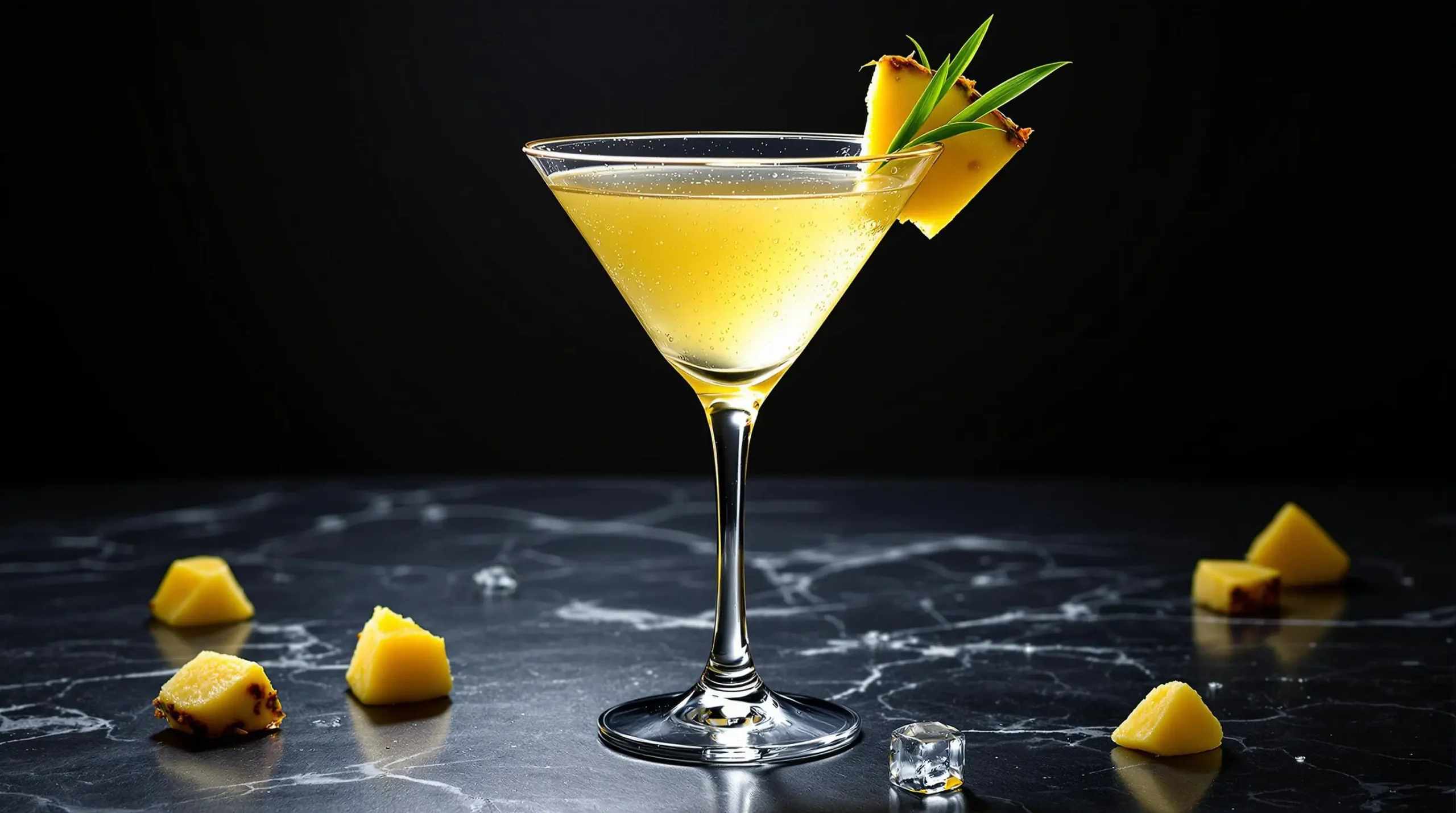 Golden pineapple martini in crystal glass with fresh pineapple garnish against dark background, showcasing elegant cocktail presentation