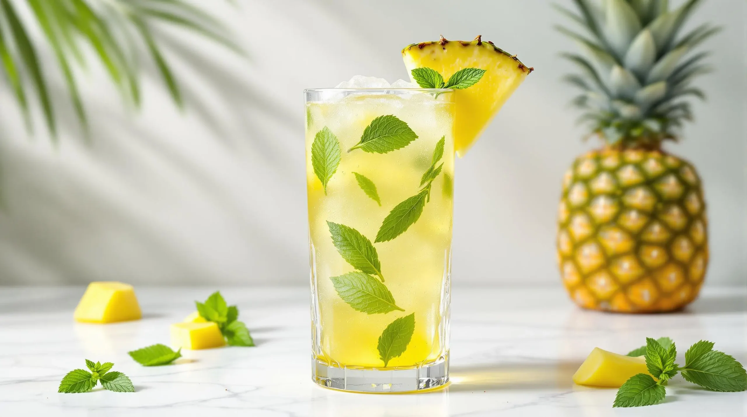 Vibrant pineapple mojito in highball glass garnished with fresh mint and pineapple wedge, displaying layered ice and bubbles against tropical backdrop