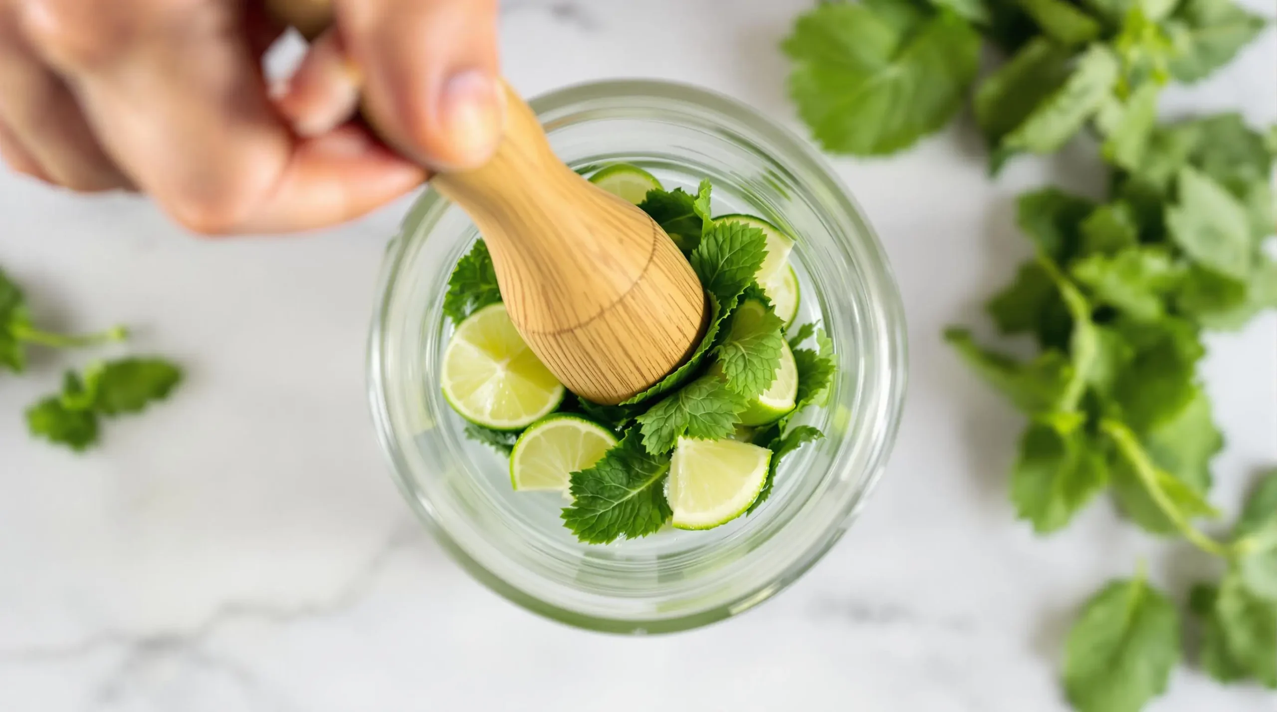 Wooden muddler pressing fresh mint leaves and lime wedges in glass, releasing aromatic oils during mojito preparation