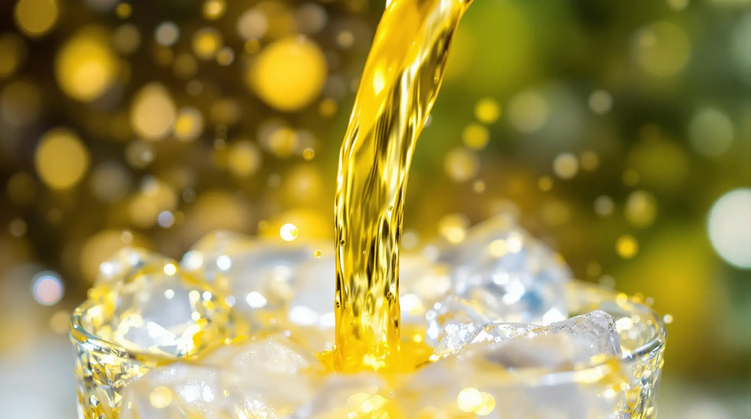 Golden pineapple juice stream pouring into glass with suspended droplets, backlit to showcase translucent color and bubbles