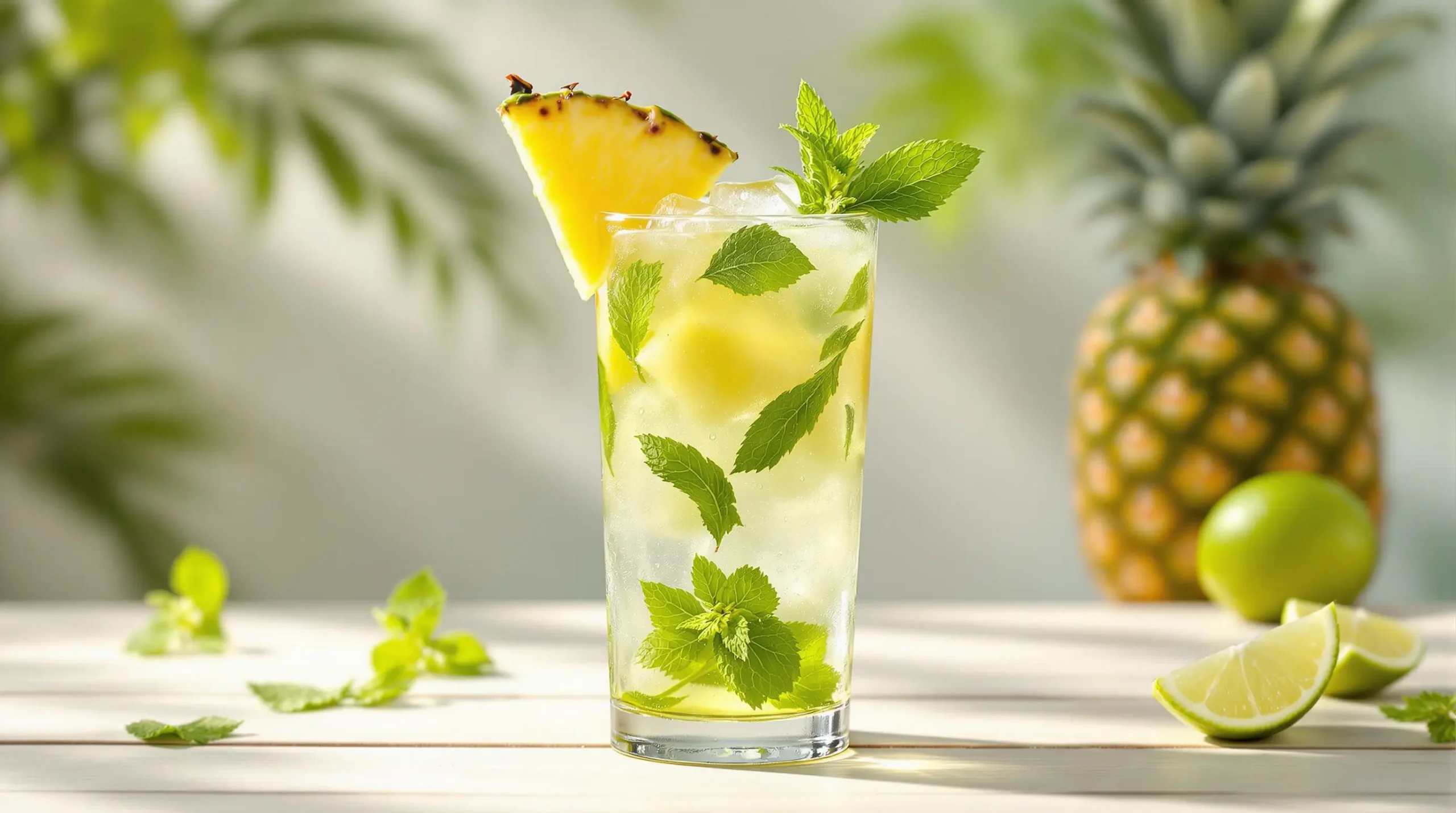 Layered pineapple mojito with beaded condensation, garnished with mint sprig and tropical fruits in natural afternoon light