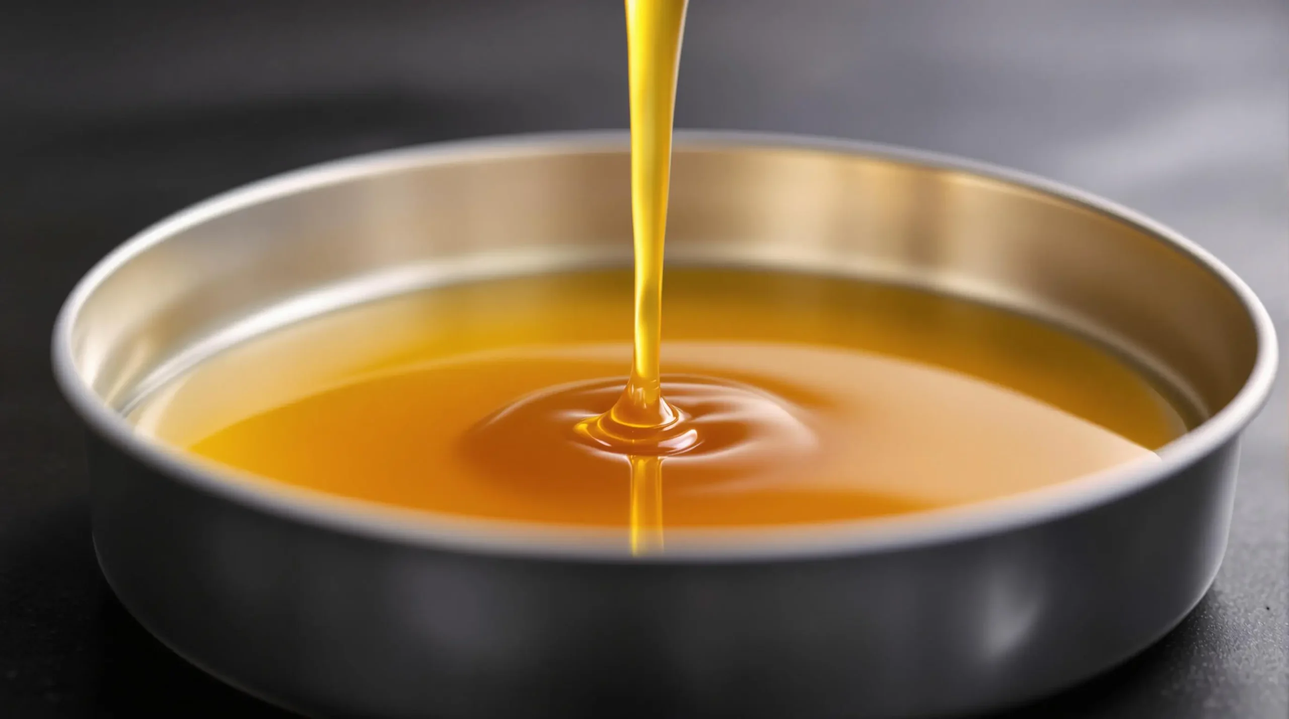 Golden caramel being poured into metal flan mold, capturing liquid mid-stream with dramatic side lighting highlighting amber transparency