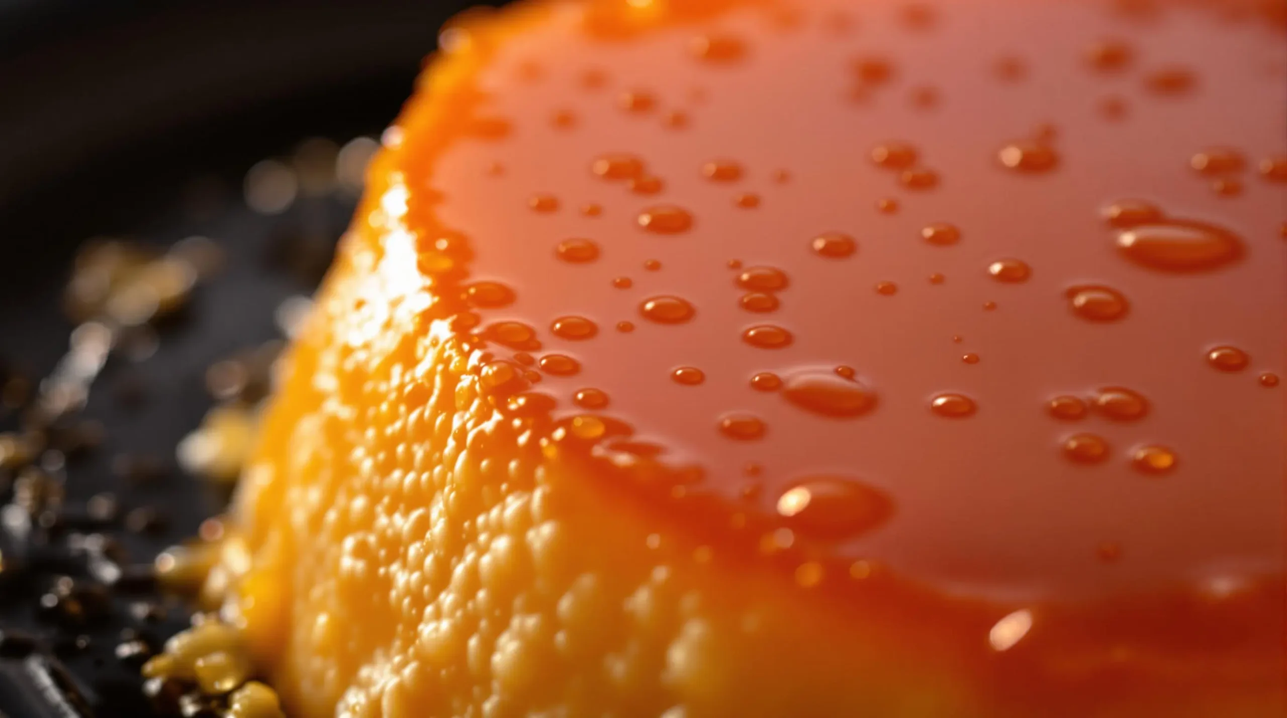 Macro close-up of pumpkin flan surface showing intricate caramel and custard texture with delicate bubbles and glossy finish