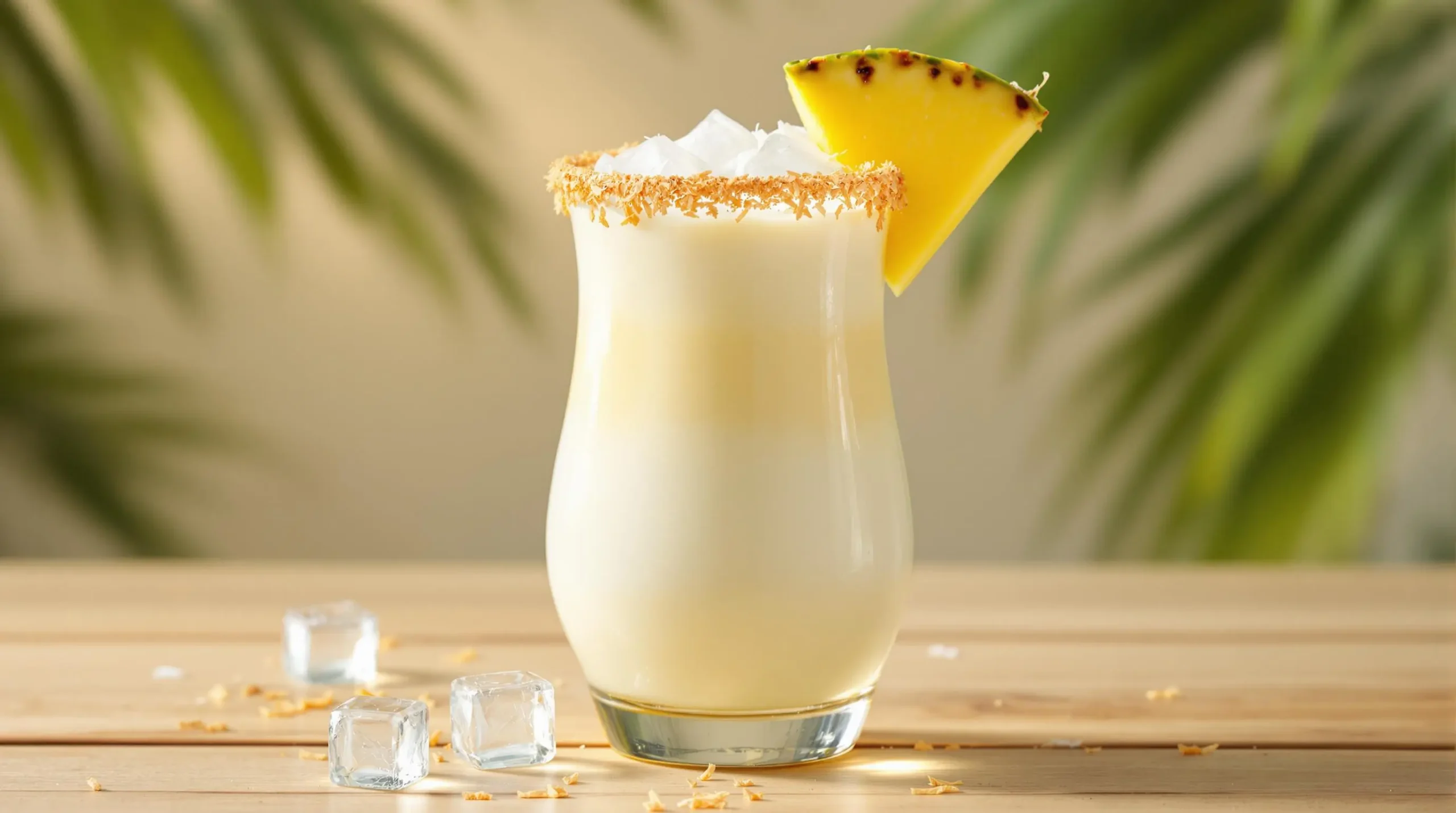 Layered RumChata coconut cream cocktail in hurricane glass with fresh pineapple and toasted coconut rim against tropical backdrop