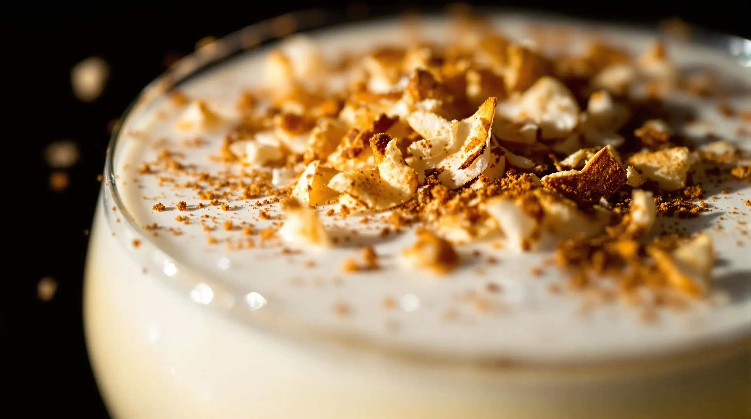 Macro view of toasted coconut and cinnamon garnish on creamy cocktail surface with dramatic side lighting